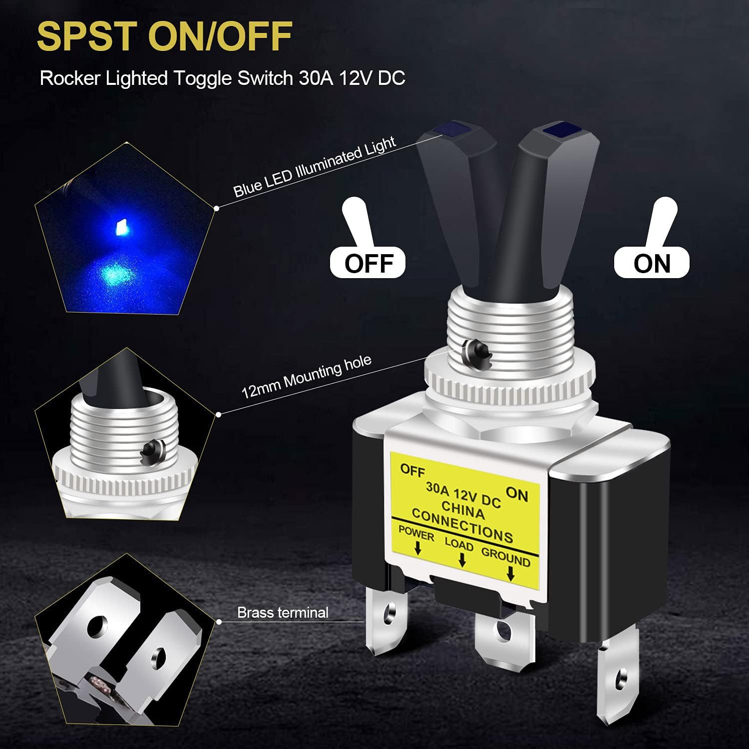 Blue LED Light 3Pin Rocker Toggle ON/Off Switch 30A 12V for Car Boat Marine Lot