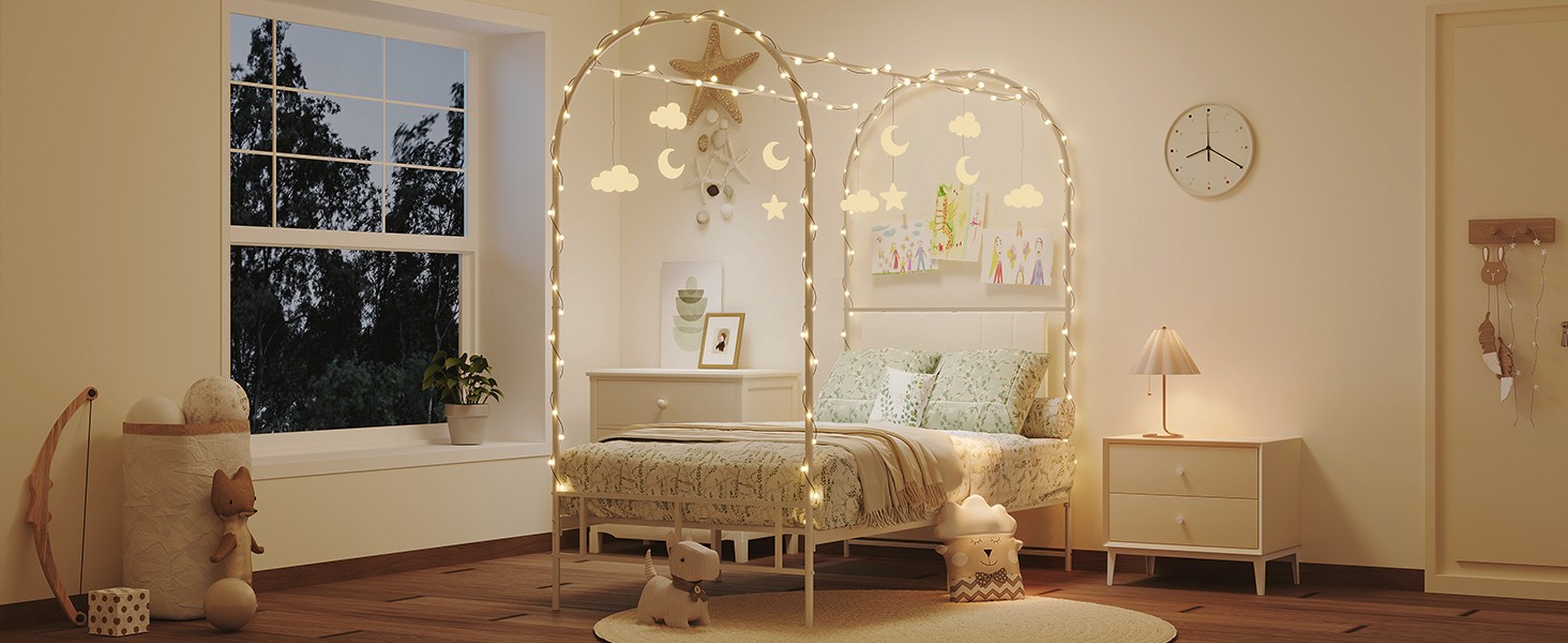 Kids Canopy Bed Frame with Headboard & Footboard, Upholstered Twin Bed Frames