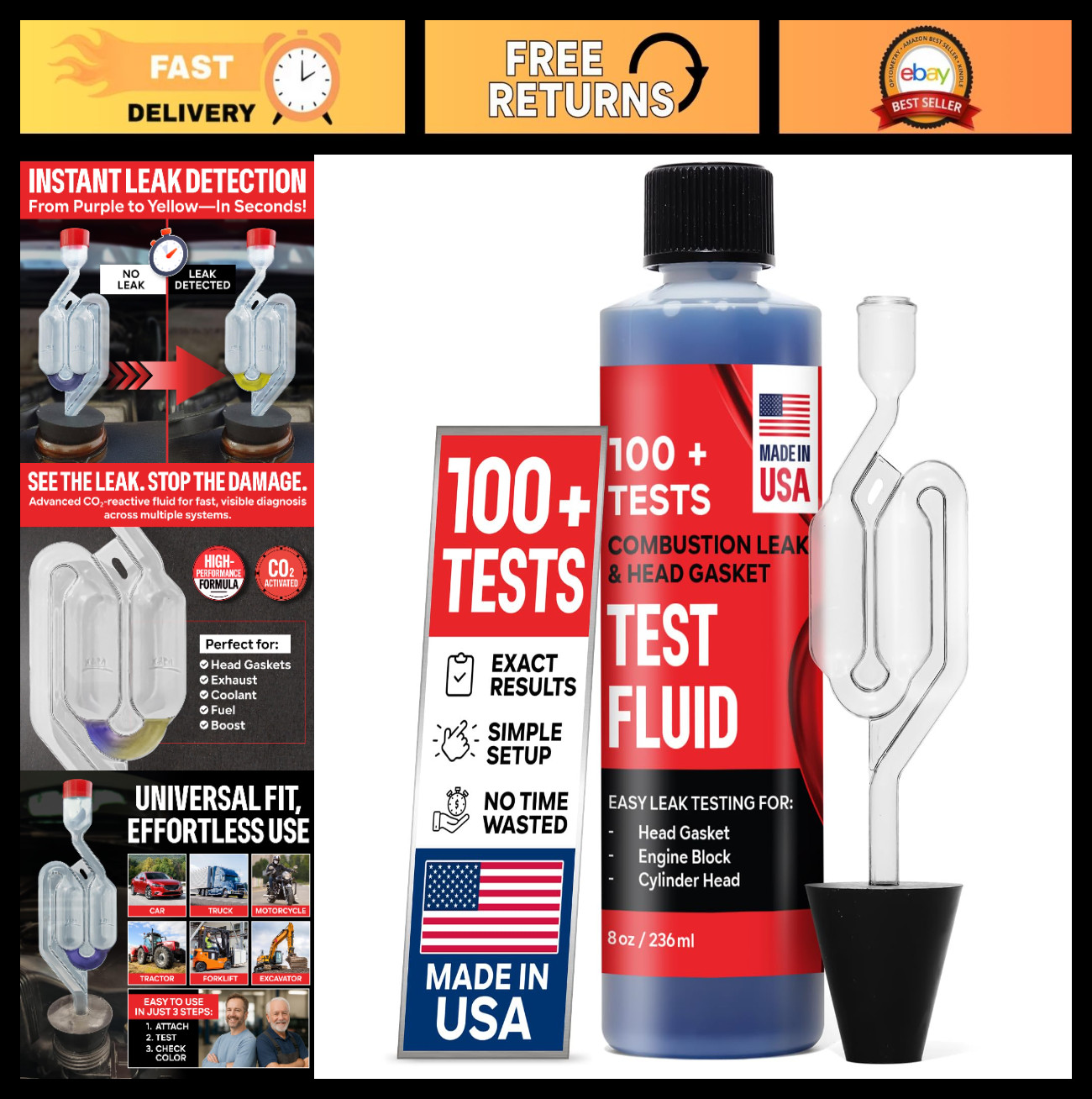 Engine Combustion Leak Test Kit – 100+ Tests, 8oz Fluid, Quick Leak Detection