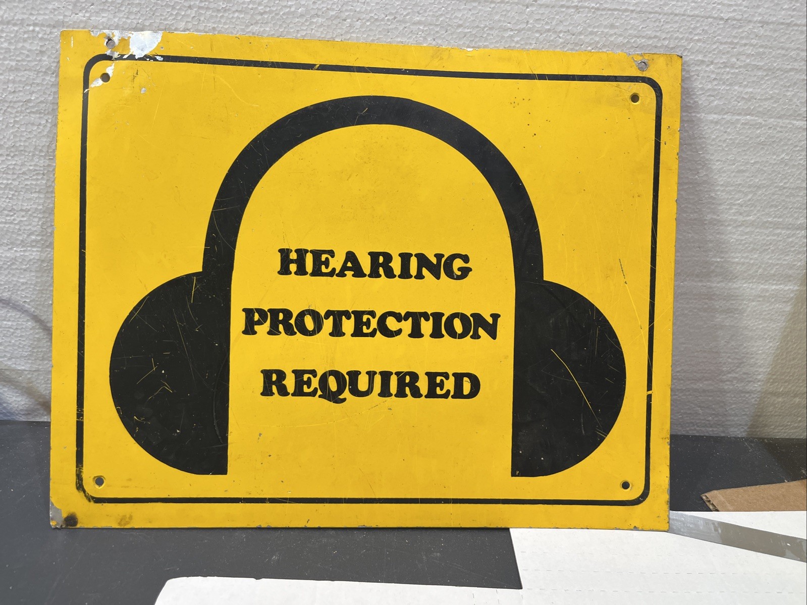 Pair of Vintage Metal Hearing Protection Required Signs Industrial Safety 11×14