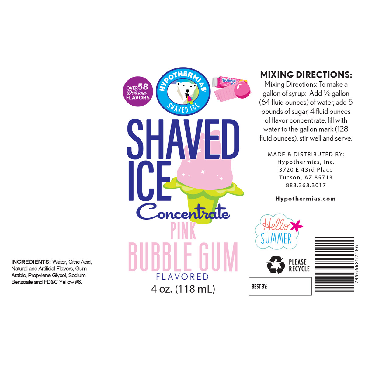Pink Bubble Gum Shaved Ice and Snow Cone Unsweetened Flavor Concentrate 4 Fl Oz