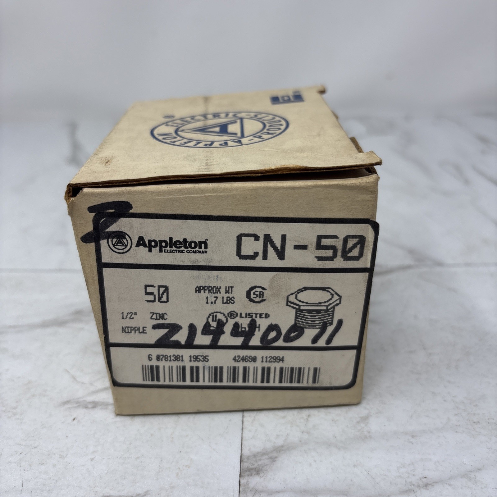 EGS APPLETON EMERSON 1/2″ D/C BUSHED ZINC NIPPLES – Box of 50 – Part # CN-50