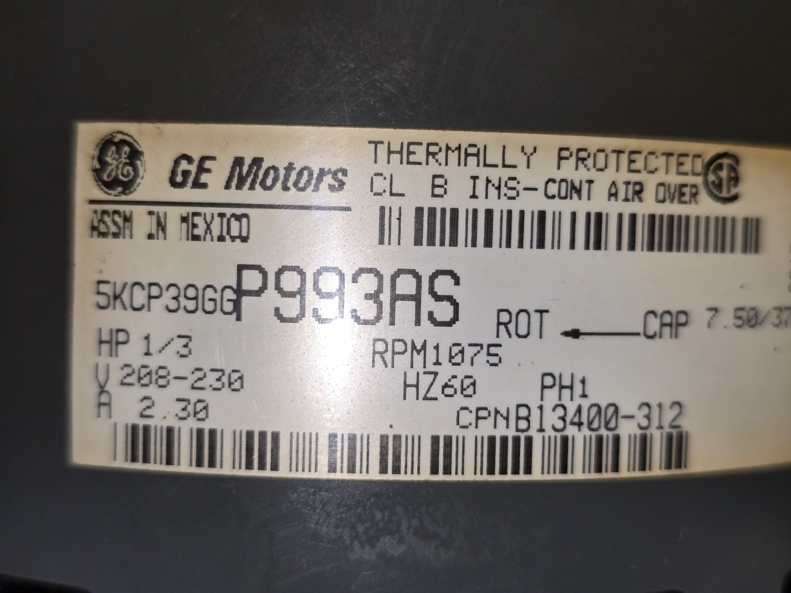 GE 5KCP39GGP993AS Blower Motor B13400312 1/3HP 208/230V 1075 RPM.TESTED.M/MEXICO