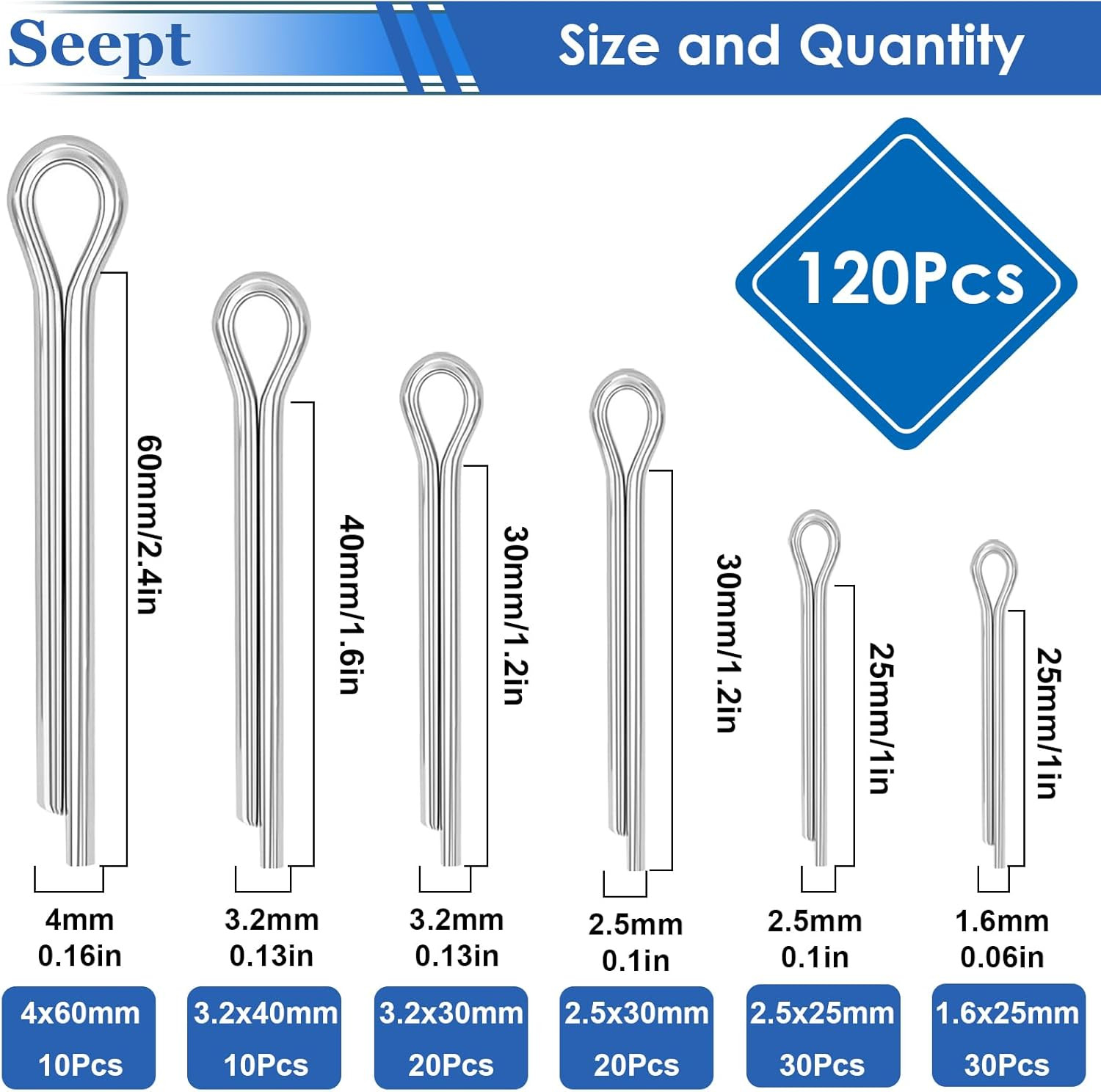 120Pcs Cotter Pins 304 Stainless Steel Cotter Pins Assortment Kit Tractor Pin Us