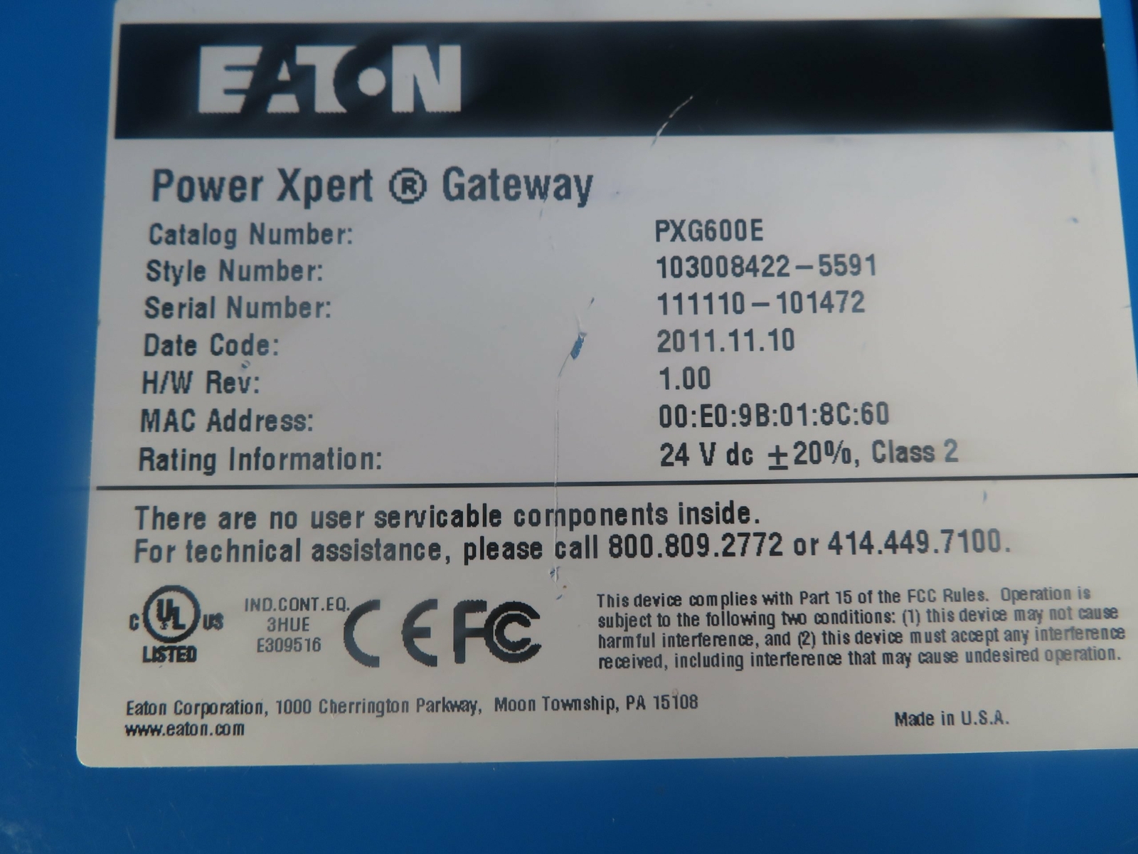 Eaton PXG600E 24VAC 124Mb RAM 1Gb PLC I/O Module
