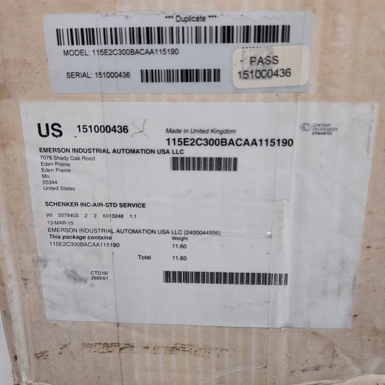 Emerson Control Techniques Unimotor Servo Motor 115E2C300 With Drive & Software