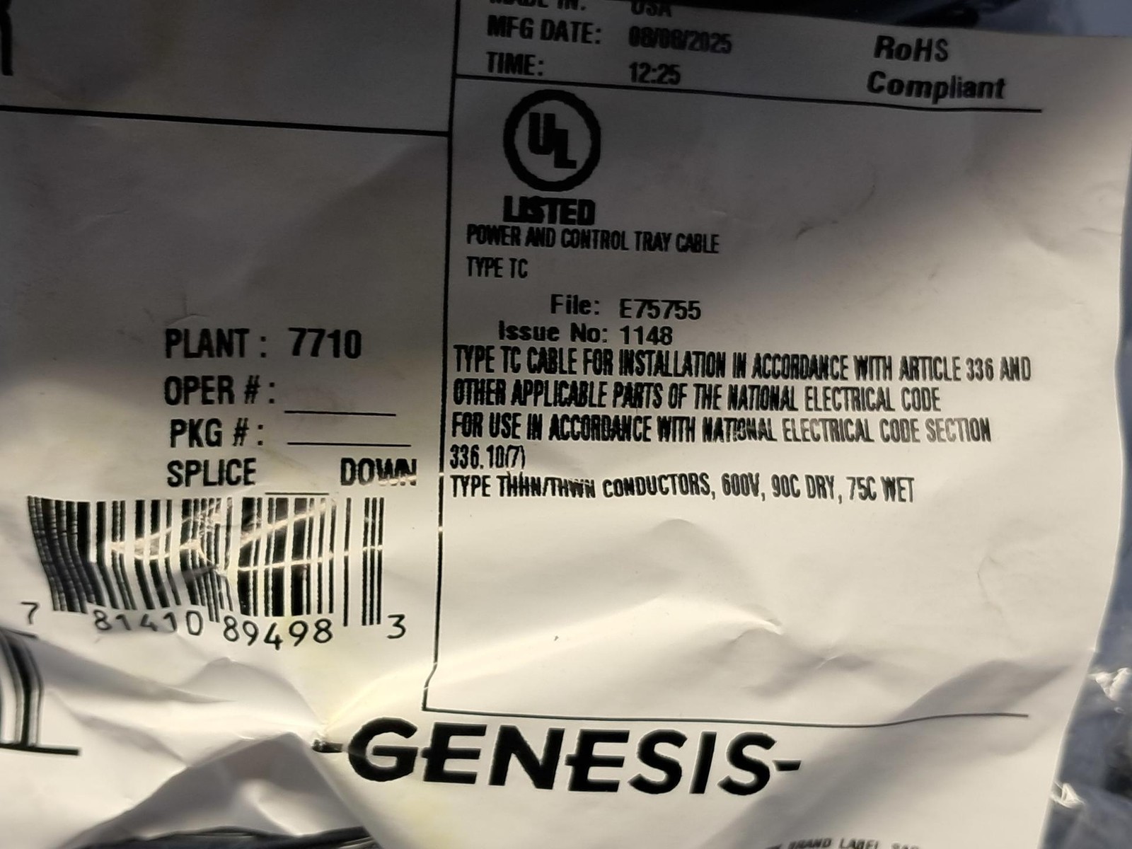 250′ HONEYWELL Genesis – 10700108 – 14/4 Mini-Split Wire Reel, 1070 Wire – NEW