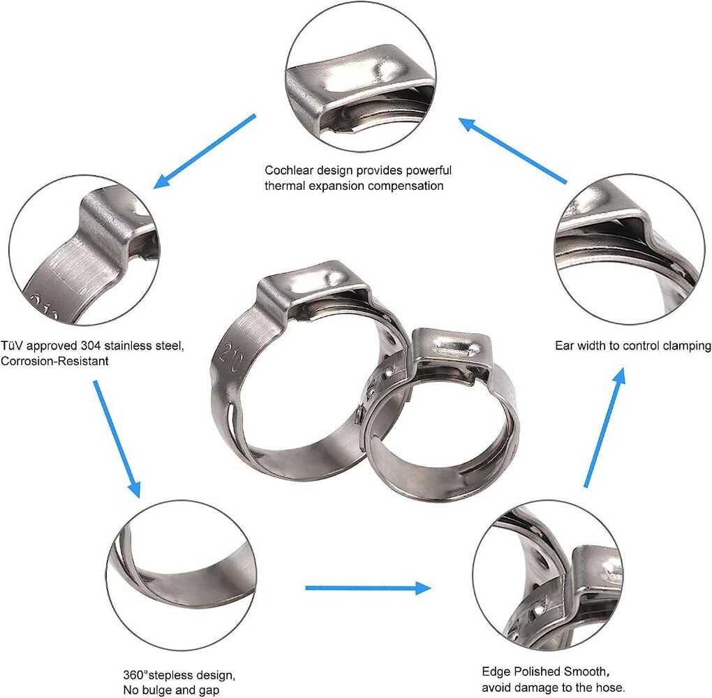 260PCS 304 Stainless Steel Single Ear Stepless Hose Clamps 6.5-21mm Kit or Plier