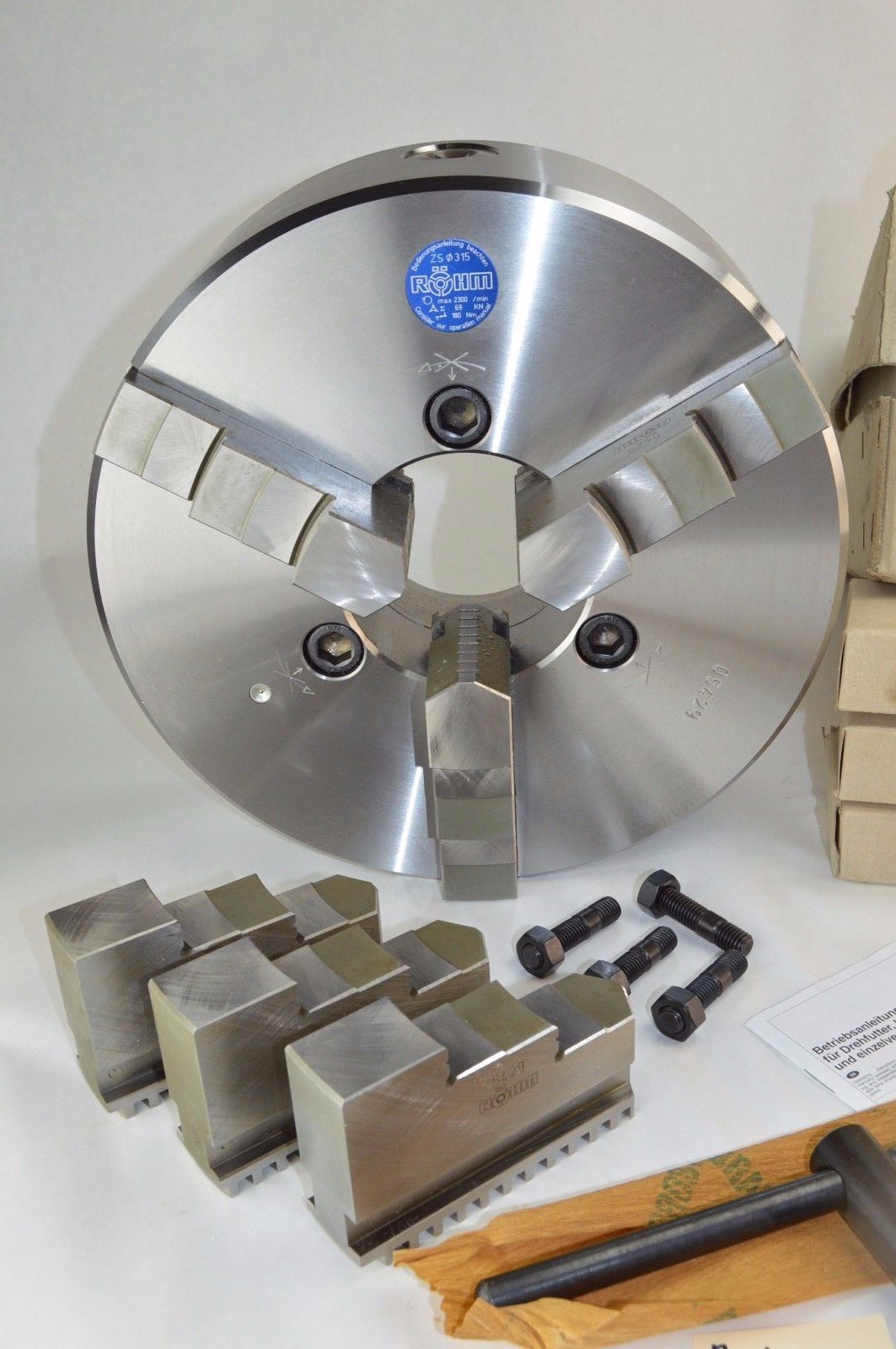 Rohm 3 Jaw ZS 315/3 12-1/2″ Centering Manual Lathe Chuck Steel, Set Spare Jaws