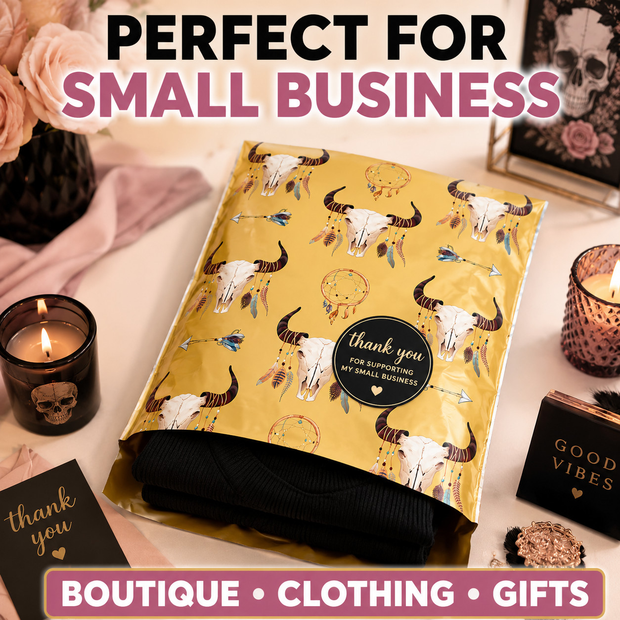 10×13 Boho Skull Designer Poly Mailers Boutique Shipping Bags Cute