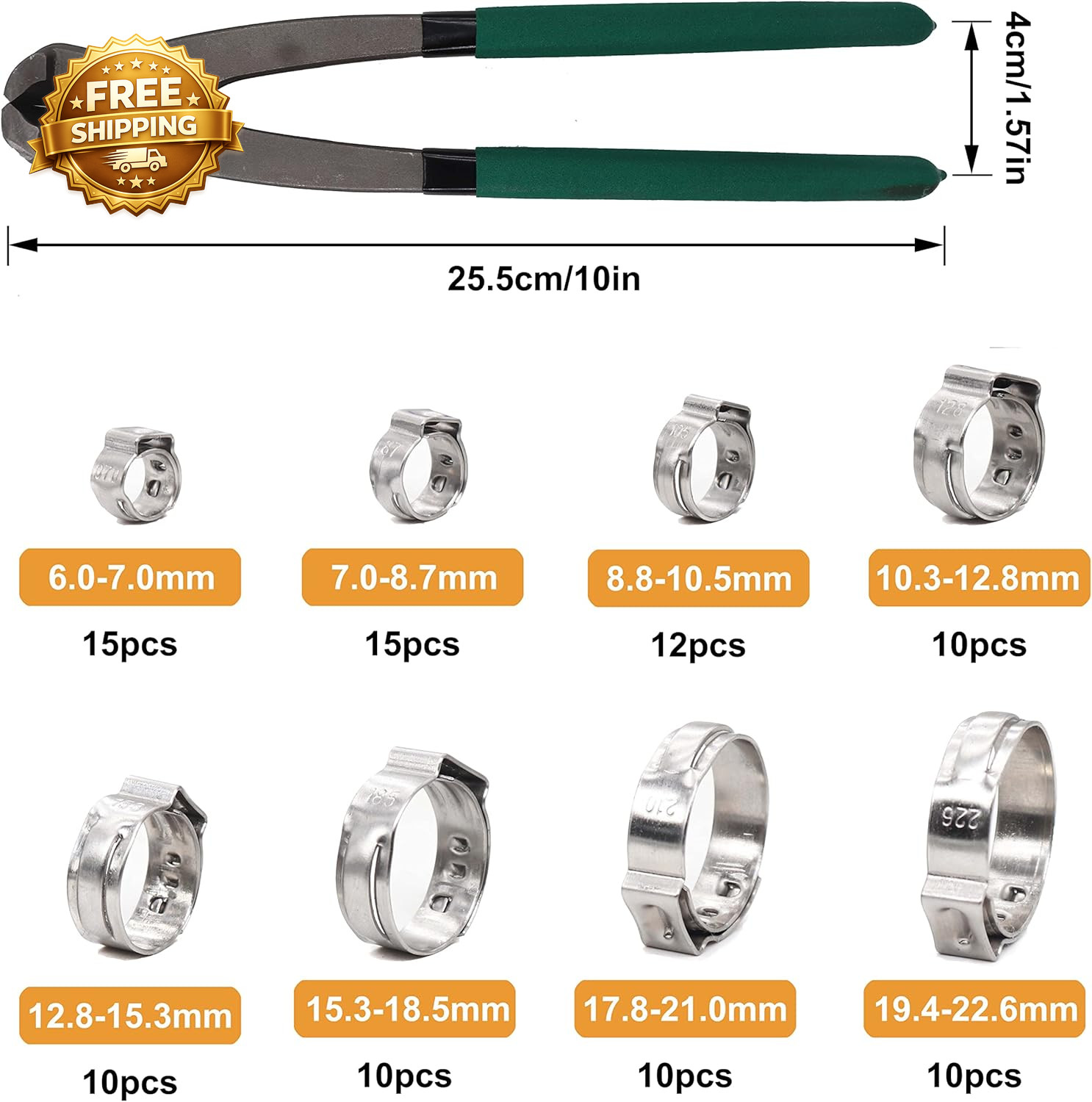 Single Ear Hose Clamps Oetiker Clamps 92Pcs(6.0Mm-22.6Mm) Crimp Pipe Clamps