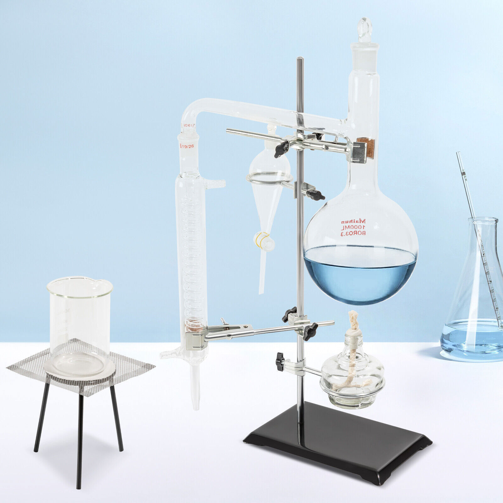 1000ml Distillation Apparatus Kit Chemistry Lab Essential Oil Distilling Glass