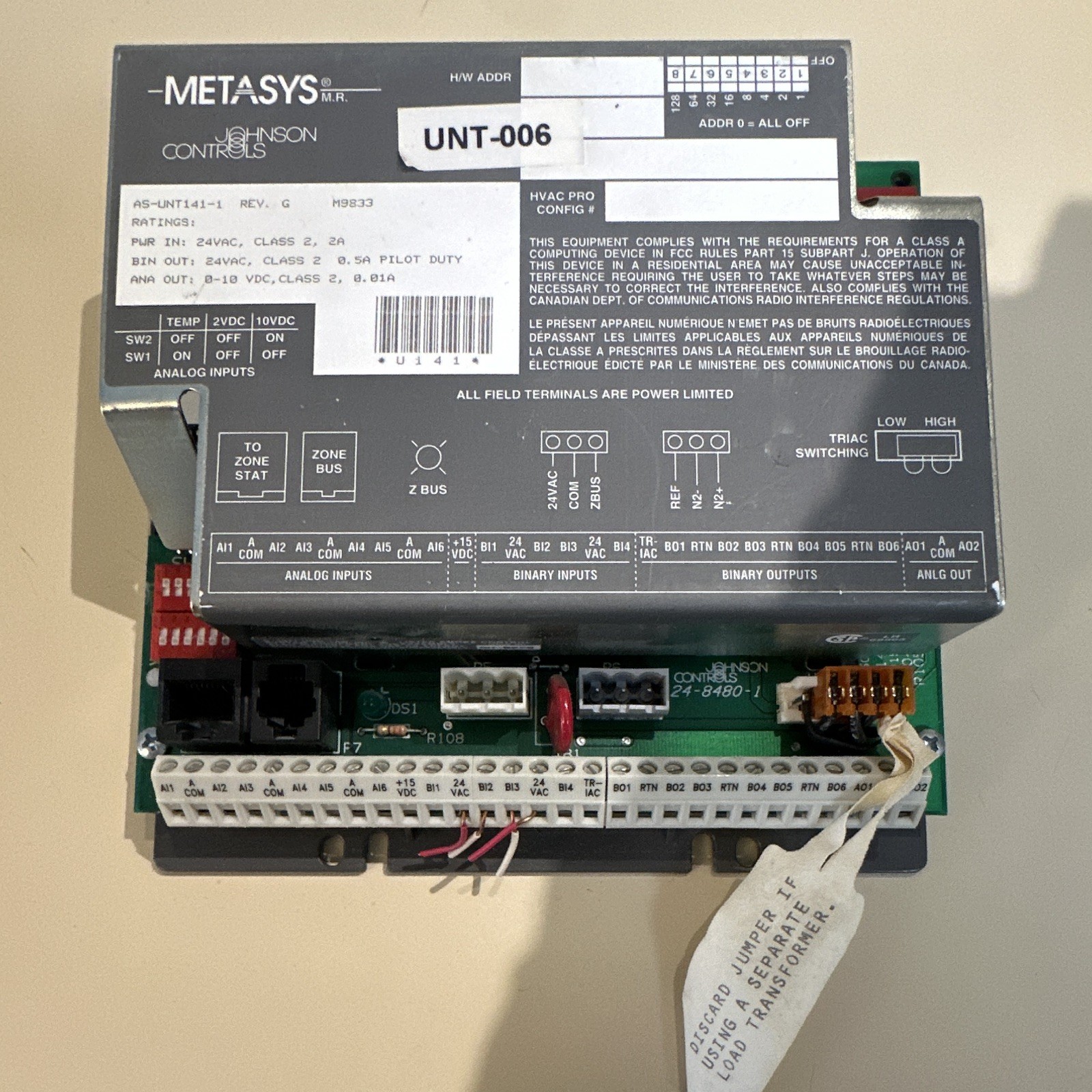Johnson Controls Metasys UNT-006 Unit Controller AS-UNT141-1 24 VAC
