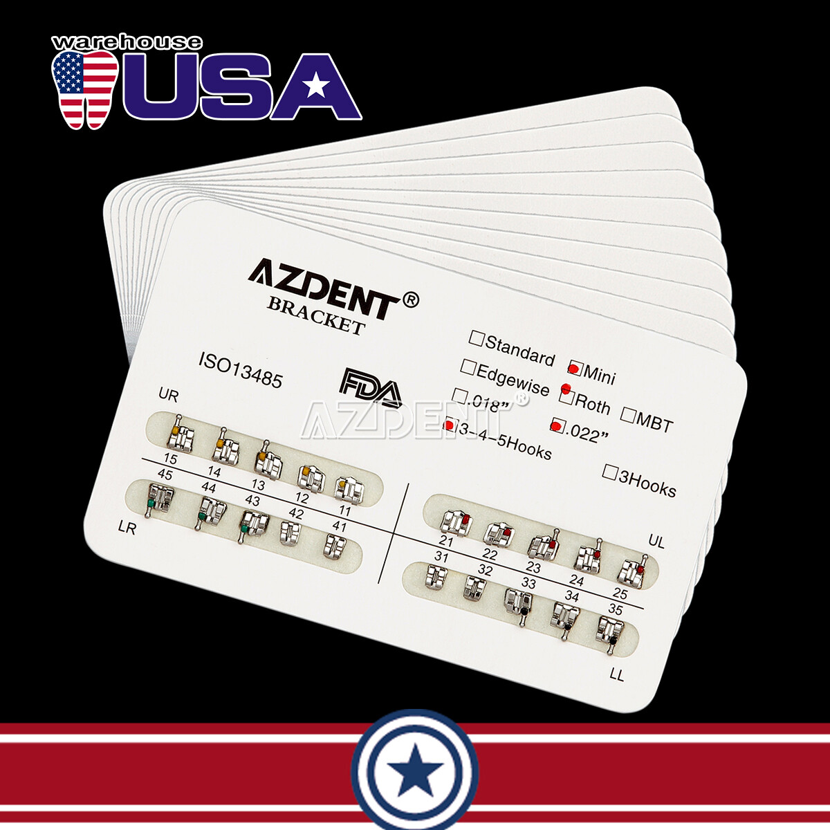 AZDENT Dental Orthodontic Bracket Braces Mini Roth .022 Hooks 3-4-5/ Hooks 3
