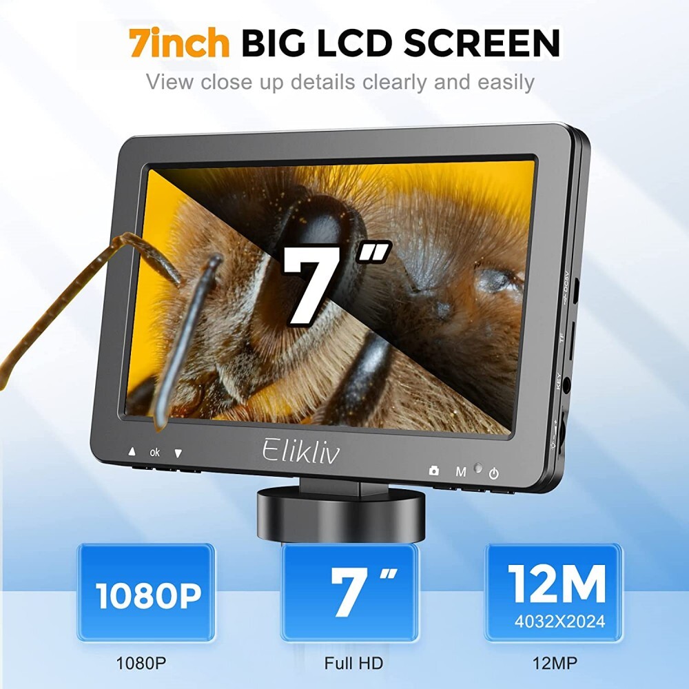 Elikliv 1200X Digital Microscope HD Camera 7″ LCD 1080p Coin Magnifier w/ Light