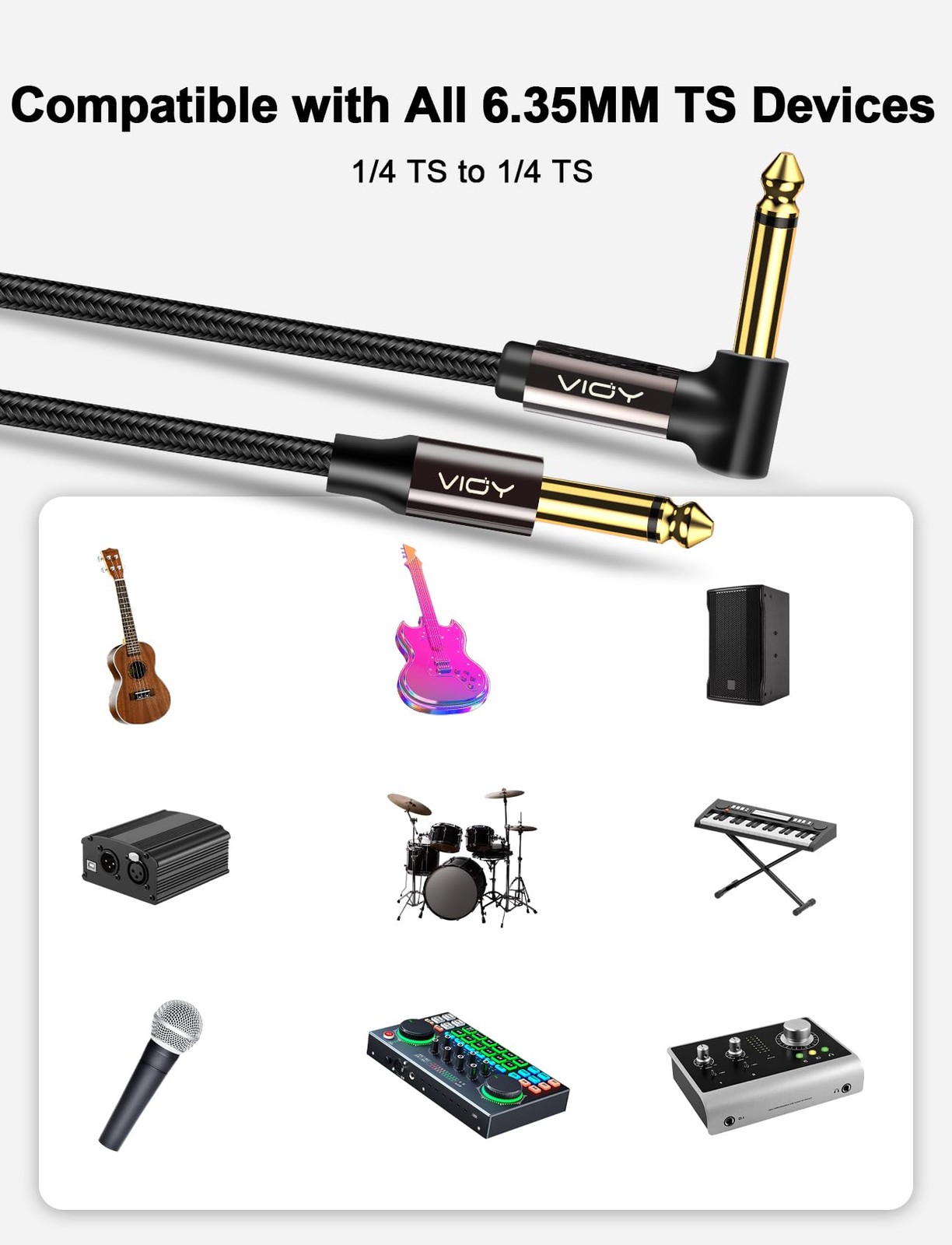 Guitar Cable 15 ft/5 M, Instrument Right Angle Cables, 6.35 mm (1/4) TS 15FT