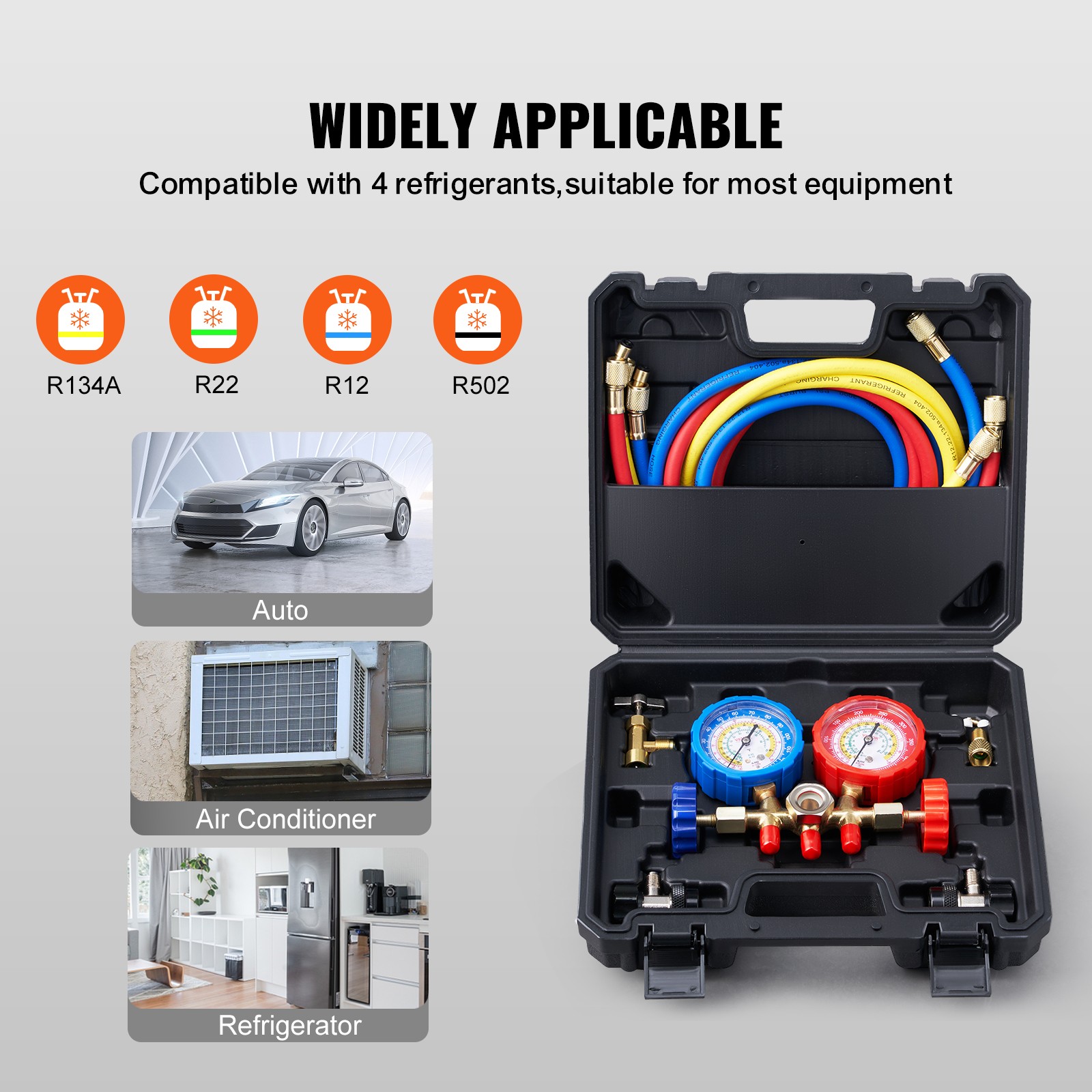 VEVOR AC Manifold Gauge Set 3-Way Fit R134A R12 R502 Refrigeration Charging