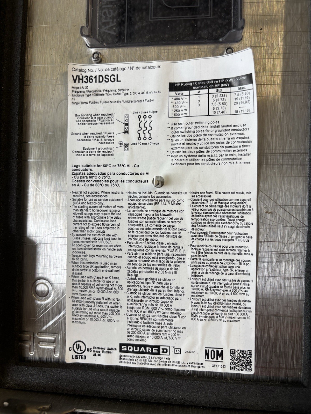 Stainless Schneider electric VH361DSGL heavy duty Safety Switch 3p 30amp Fusible