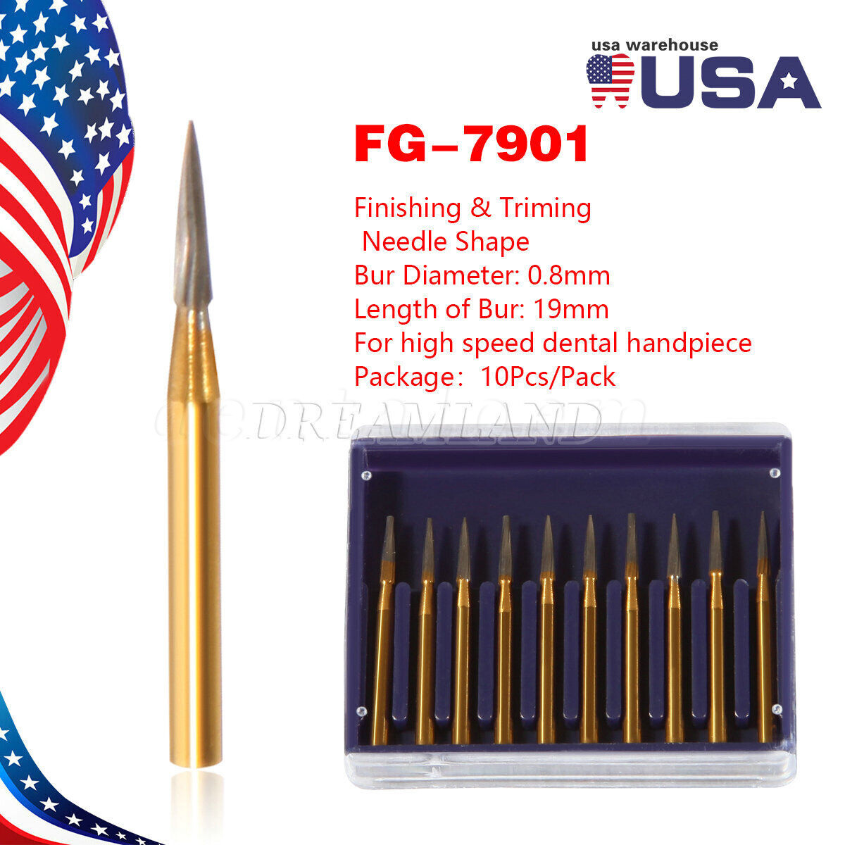 Dental Tungsten Carbide Gold Bur Trimming & Finishing & Polishing Flame FG7901