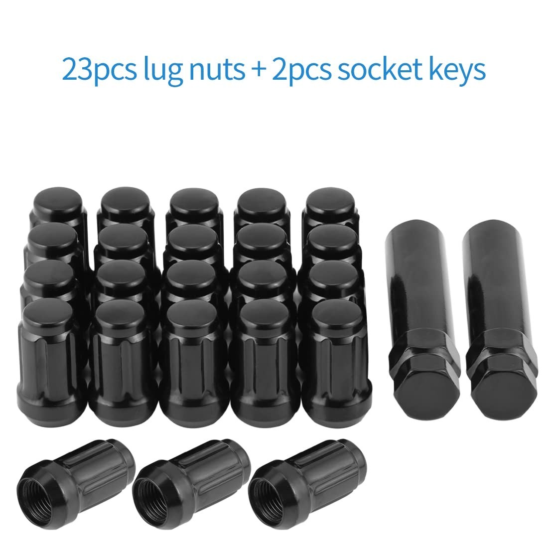1/2-20 Acorn Lug Nuts Black Set 23 pc 6 Spline Closed End Fit Aftermarket Wheels