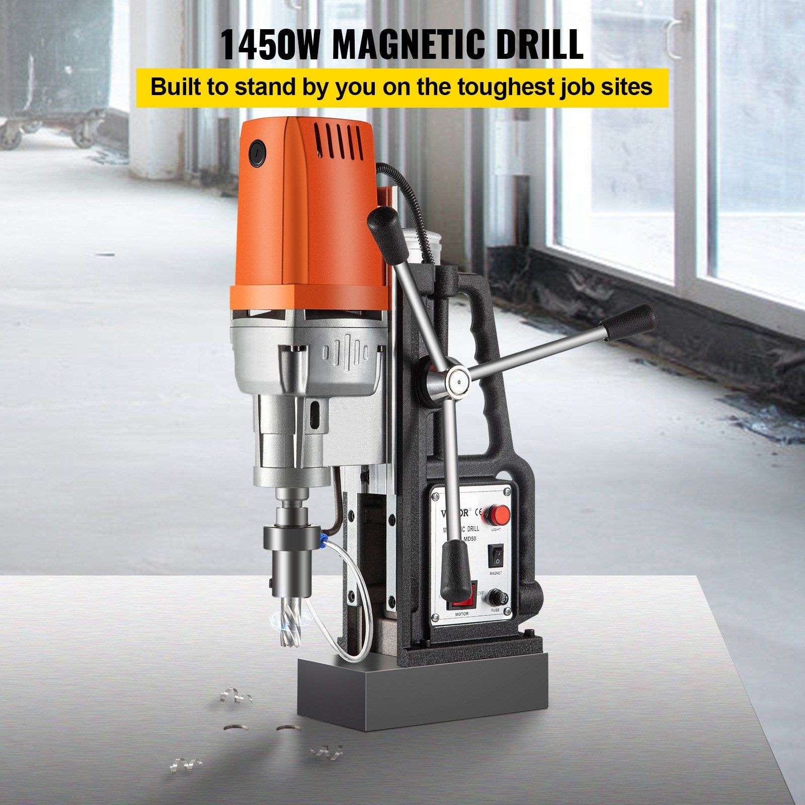 1450W Magnetic Drill Press 2900LBS 2in Bore, 8.3ft Travel, 11pc HSS Cutter Set