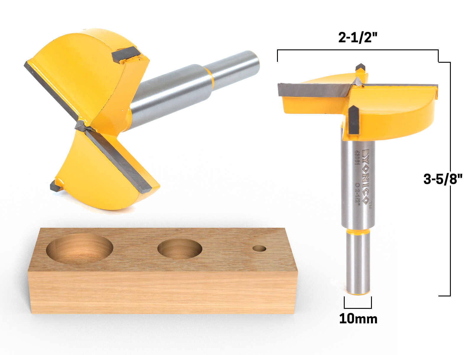 2-1/2″ Diameter Carbide Forstner Drill Bit – 10mm Shank – Yonico 43061C