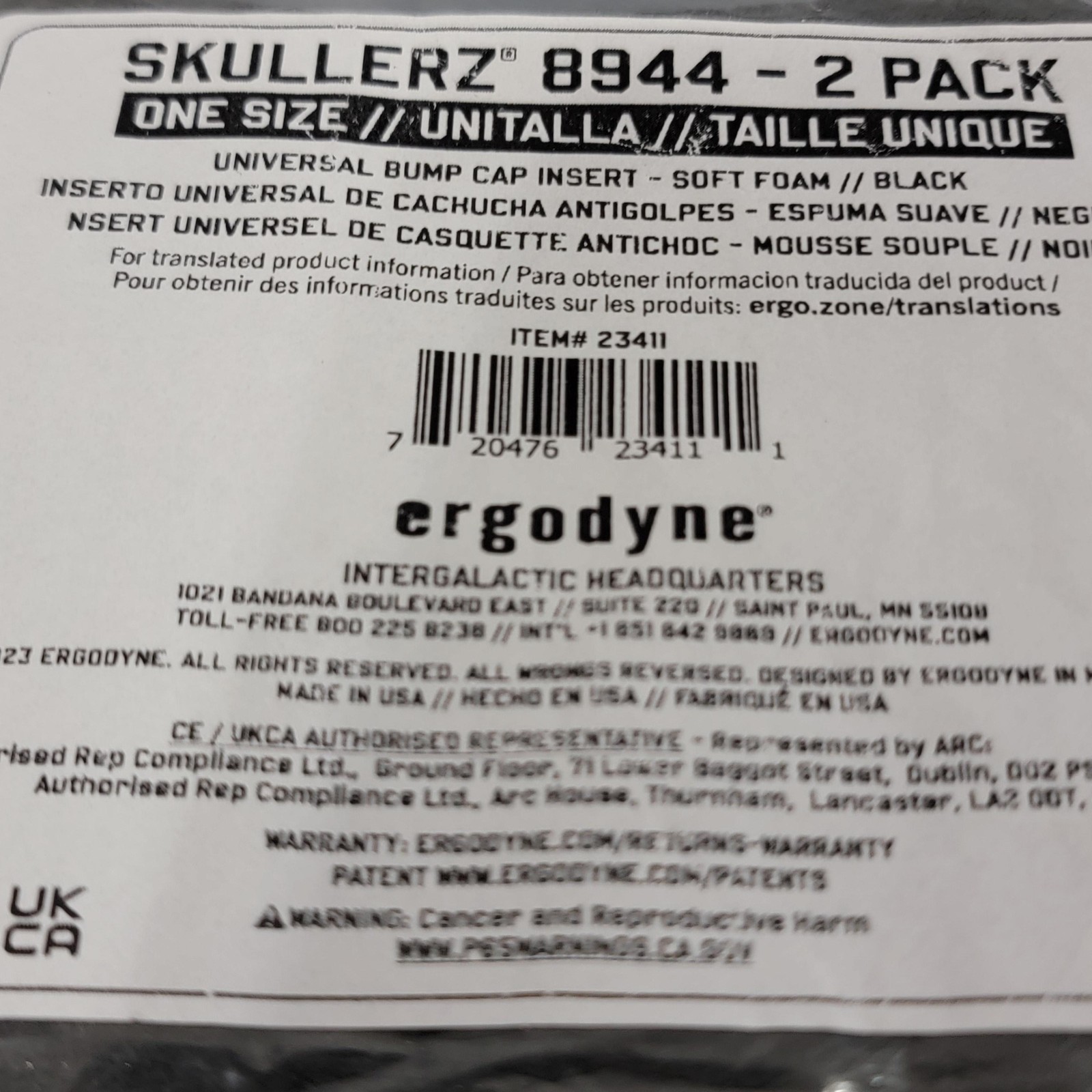Ergodyne Skullerz 8944 Universal Bump Cap Insert 2 Pack Foam Black One Size