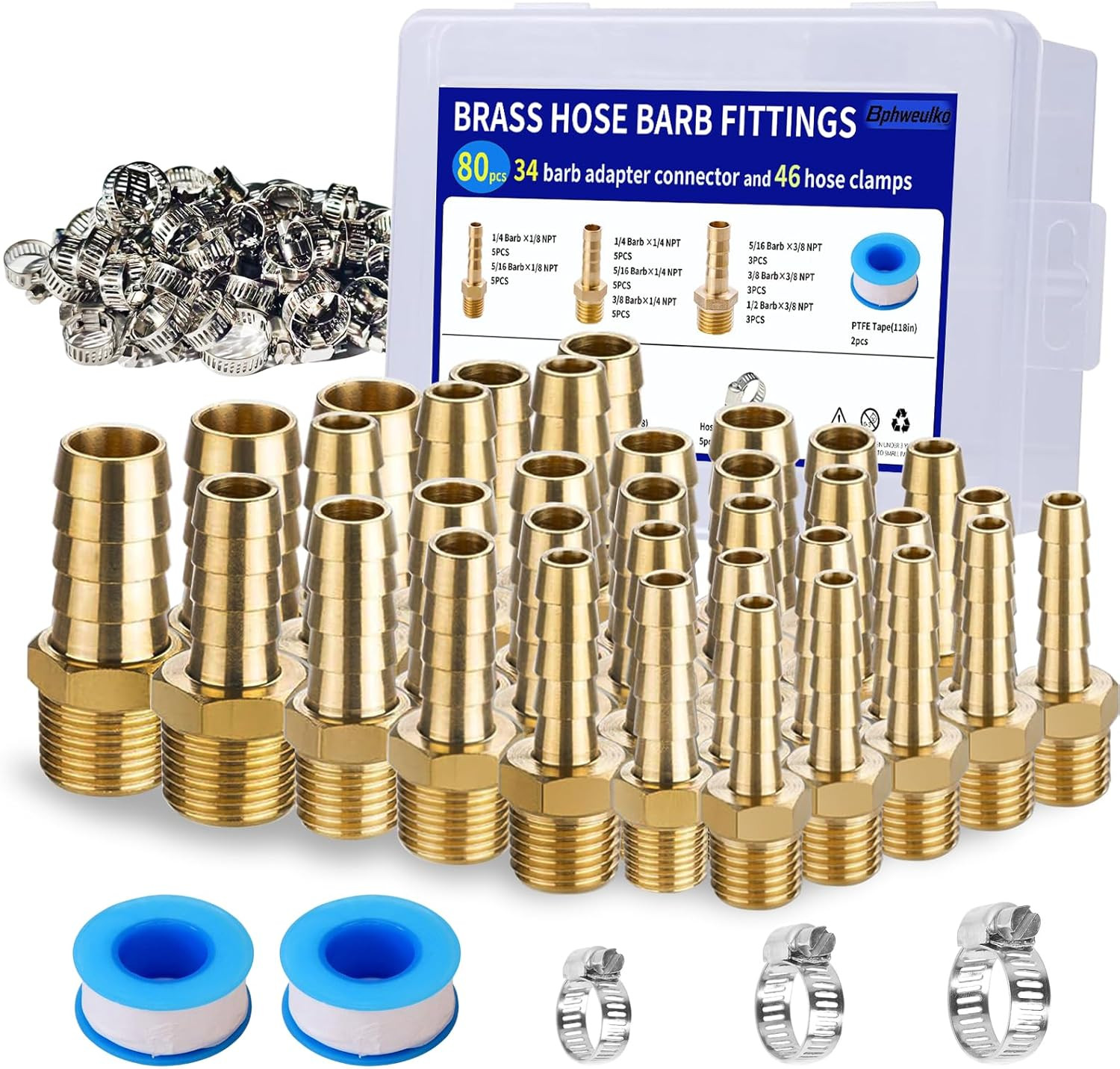 34Pcs Brass Hose Barb Fittings Kit – 3/16″, 1/4″, 5/16″, 3/8″, 1/2″ Barb to 1/8″