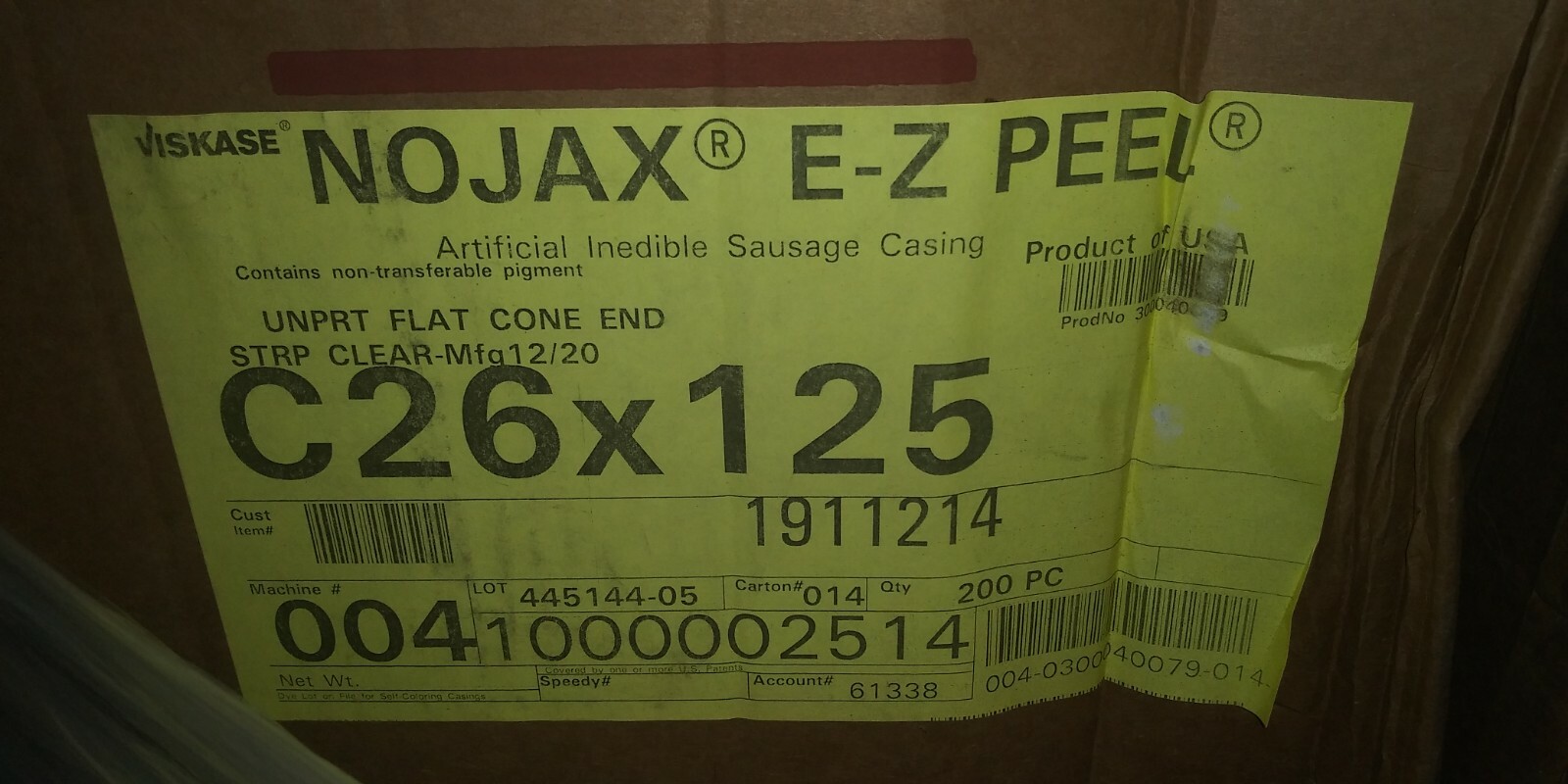 (1 BOX OF 200) VISKASE NOJAX UNPRT FLAT CONE END STRP CLEAR SAUSAGE CASING