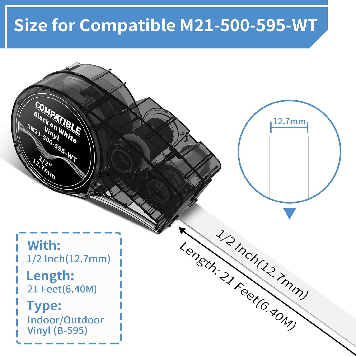 10PK For Brady BMP21-PLUS M21-500-595-WT Label Cartridge Black/White 1/2″ x 21′