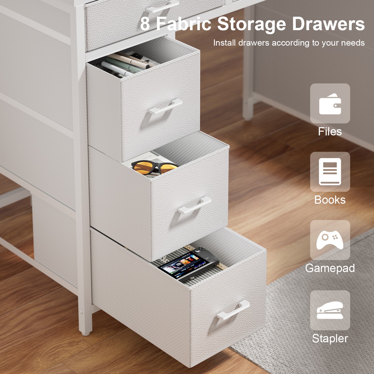 Computer Desk with Drawers & Power Outlet, Gaming Desk with Monitor Stand, White