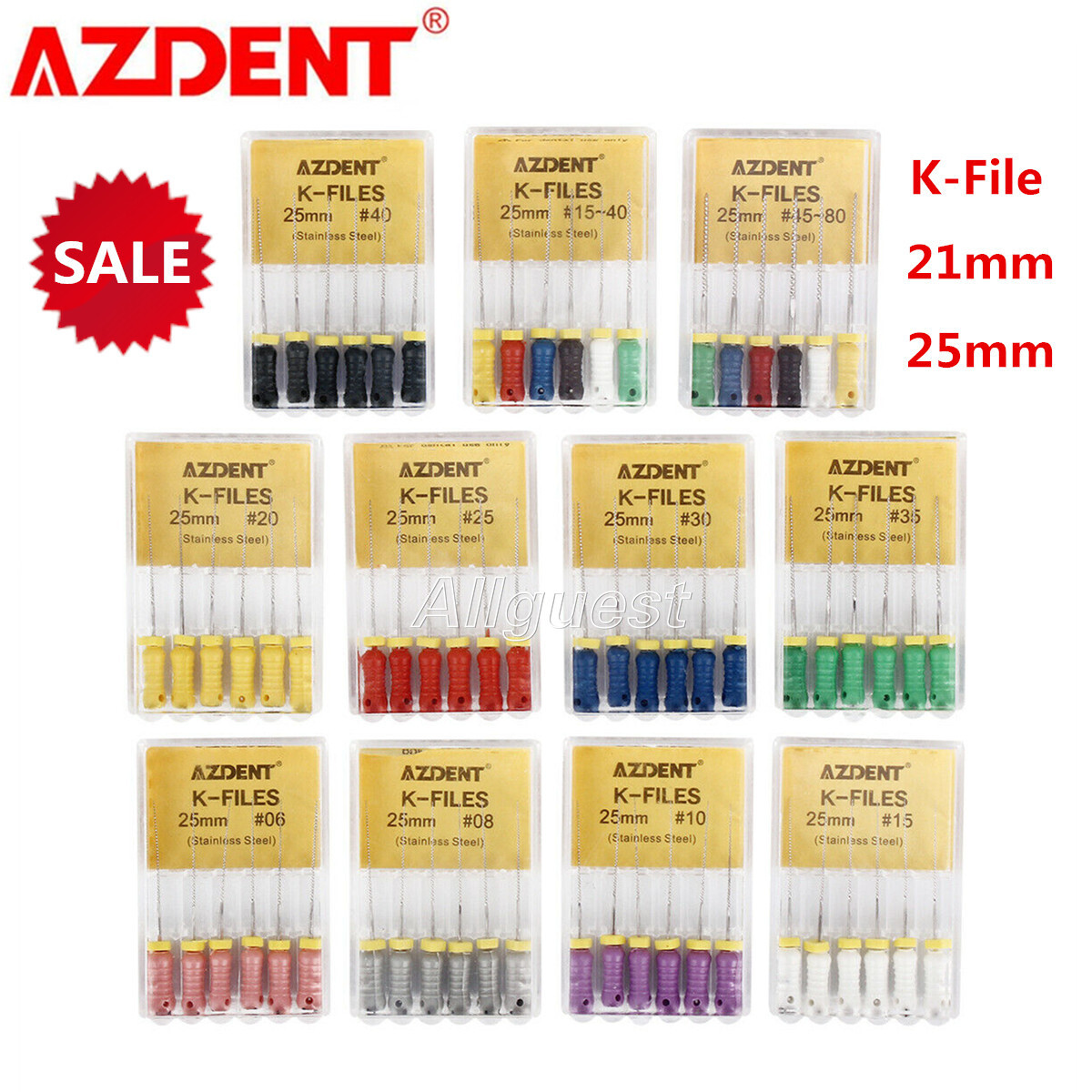 AZDENT Dental Endo Root Canal File Hand Use K-Files Stainless Steel 21mm/25mm