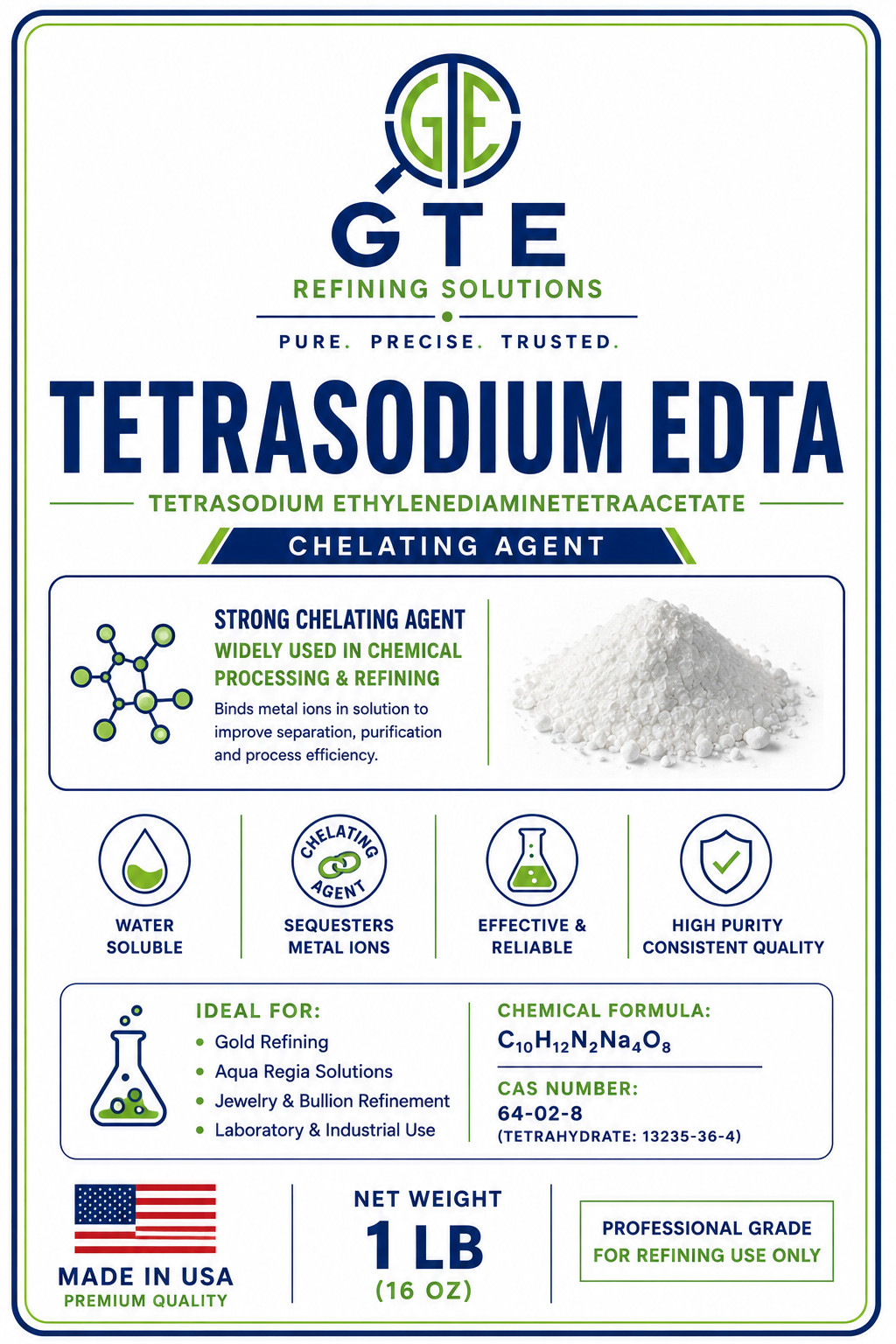 1 LB TETRASODIUM (EDTA) Technical Grade Chelating Agent Textile Water Paper 99%