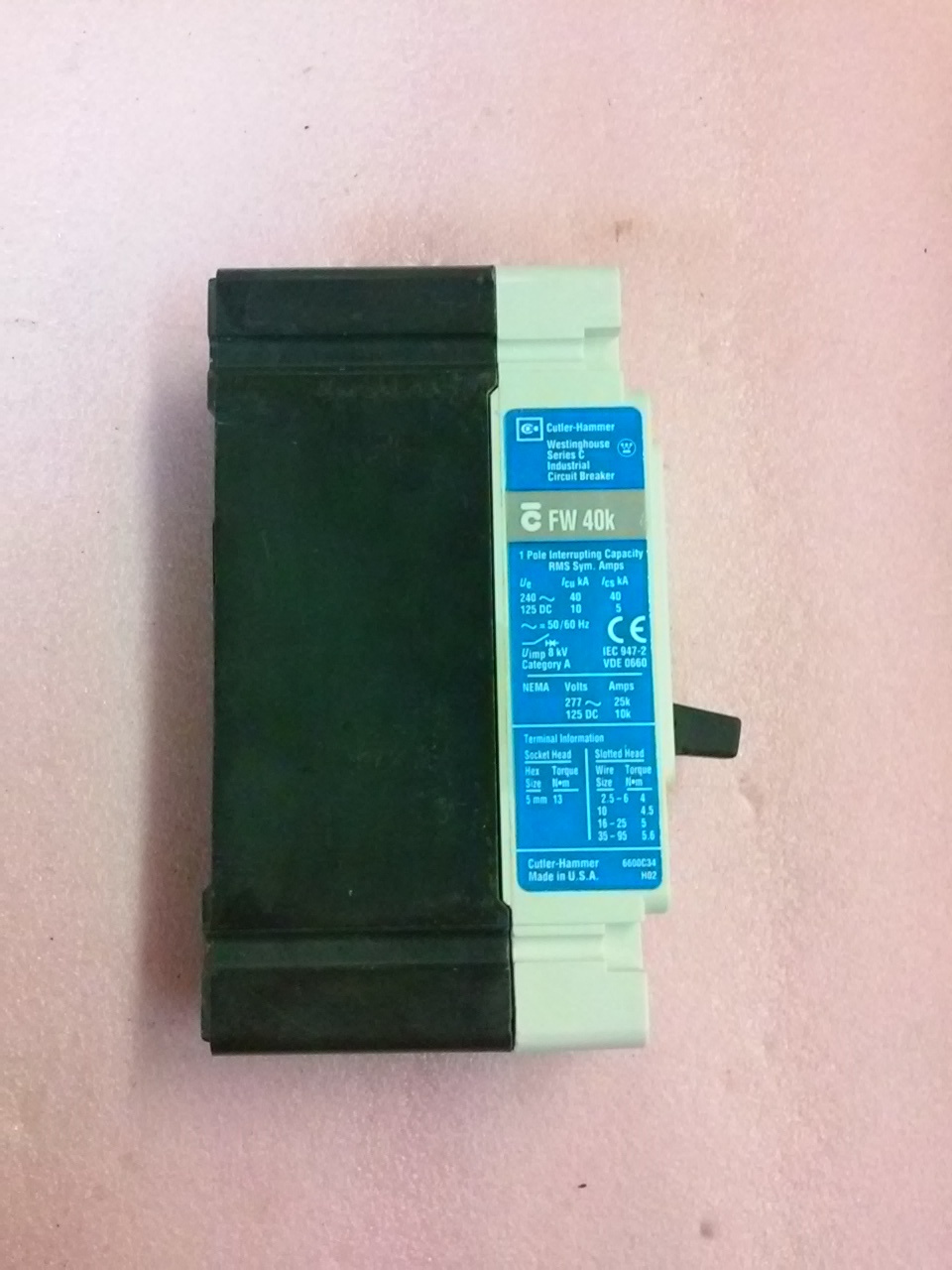 CUTLER HAMMER FW 40K 16A 1 Pole Industrial Circuit Breaker FWF1016L Series C
