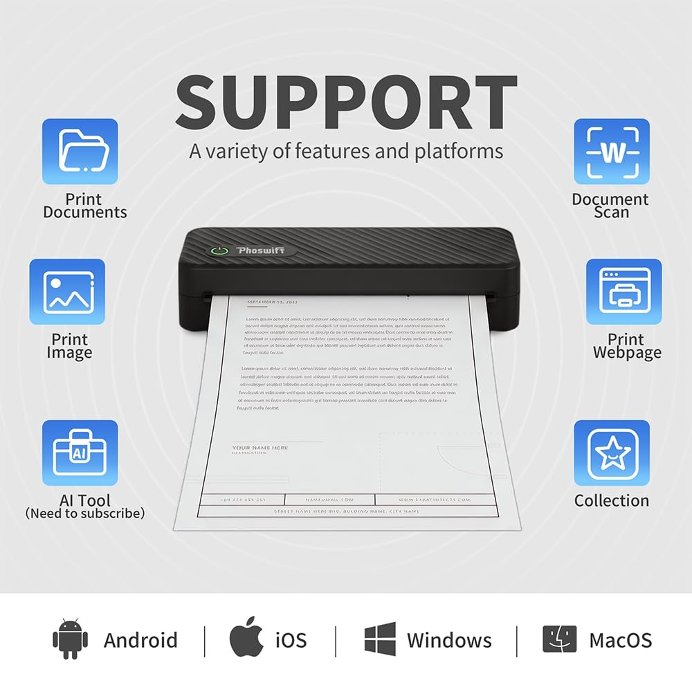 Phoswift Portable Thermal Printer For Laptop Inkless Bluetooth Printer Support