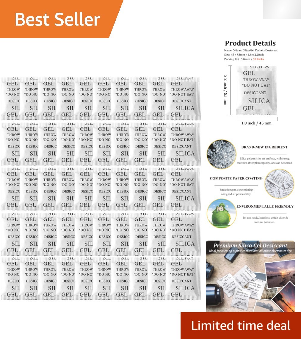 Silica Gel Packets – 50 Packs of 5 Grams, Food Safe Moisture Absorbers, Reusable