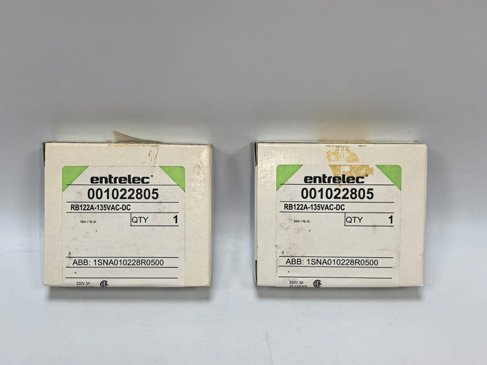 LOT 2 PCS ENTRELEC 001022805 RB122A-135VAC-DC TERMINAL BLOCK ABB 1SNA010228R0500