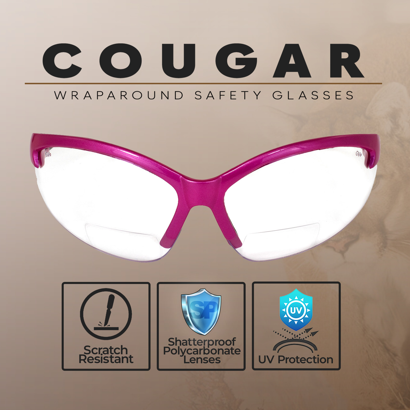 Global Vision Cougar Safety Glasses Hot Pink Frame 2.0 Bifocal Clear Lens