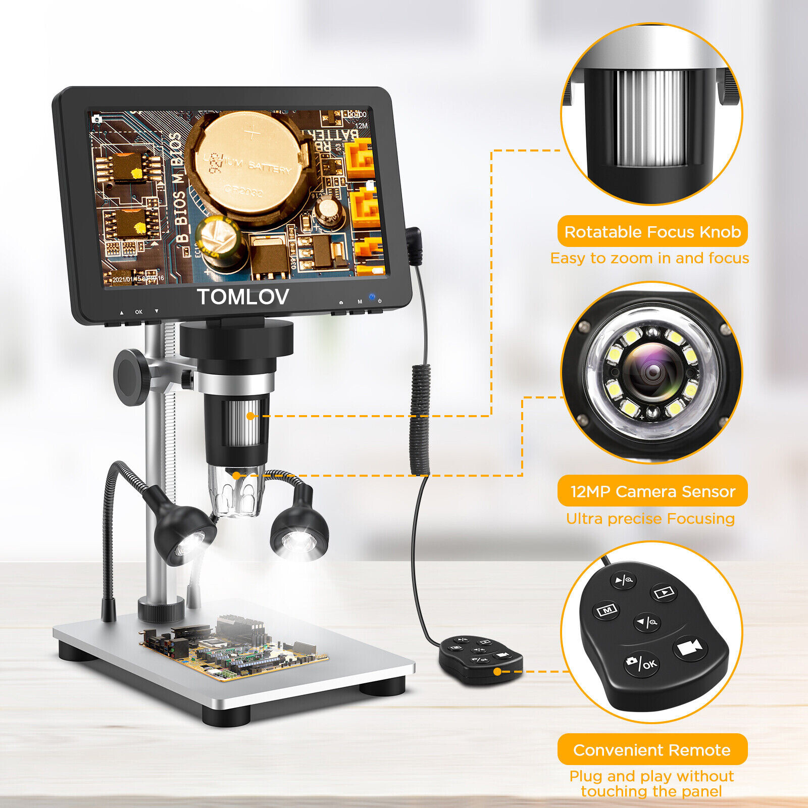 TOMLOV Digital Magnifier 1200X 7” Coin Microscope camera Soldering Microscope