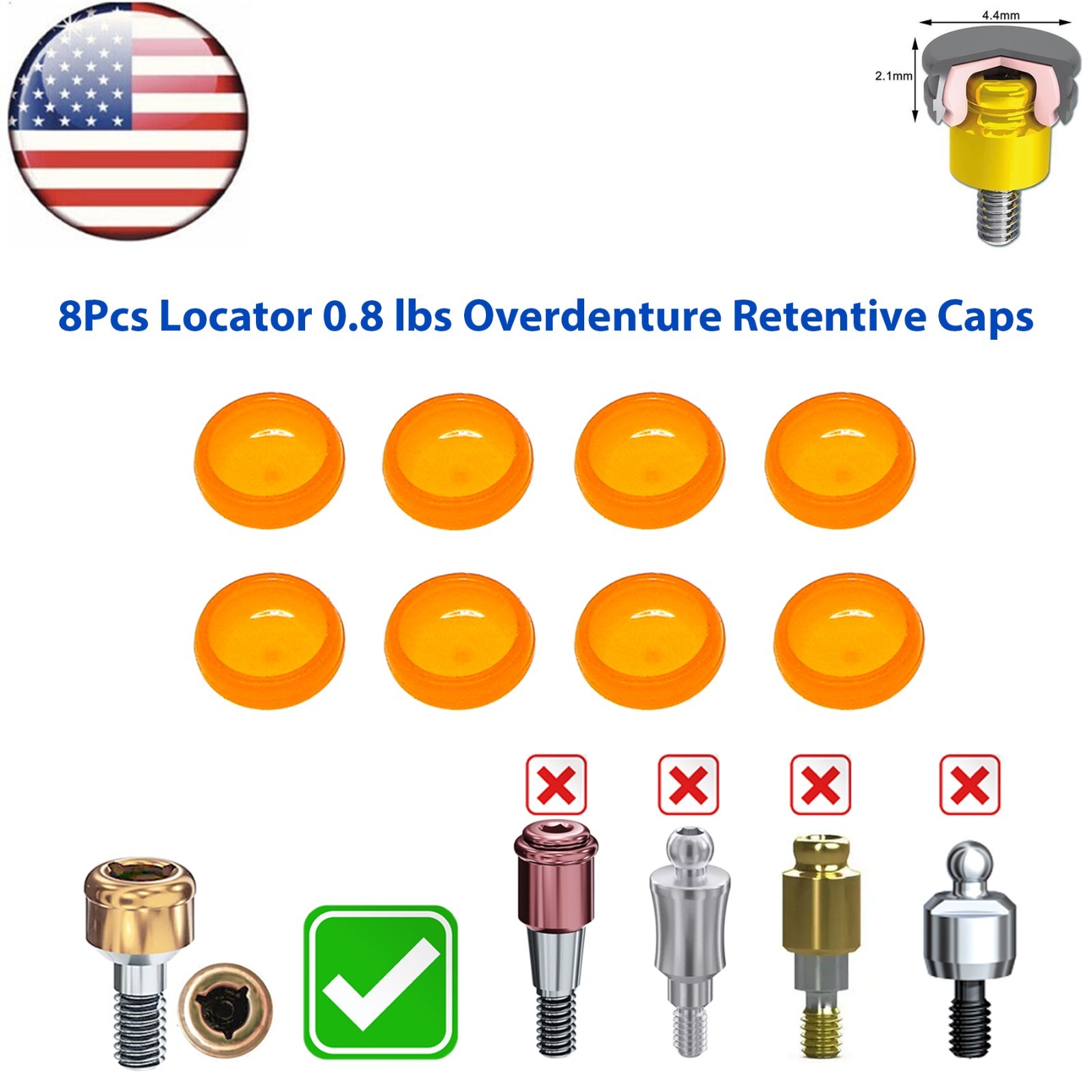 US 8Pcs Dental Overdenture Retention Caps For Implant Locator Abutment Inserts