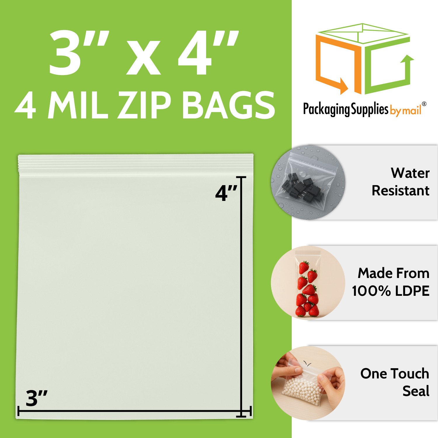 Clear Ziplock Reclosable Plastic Bag, 4 Mil, 3″ x 4″ – 2000 Pieces