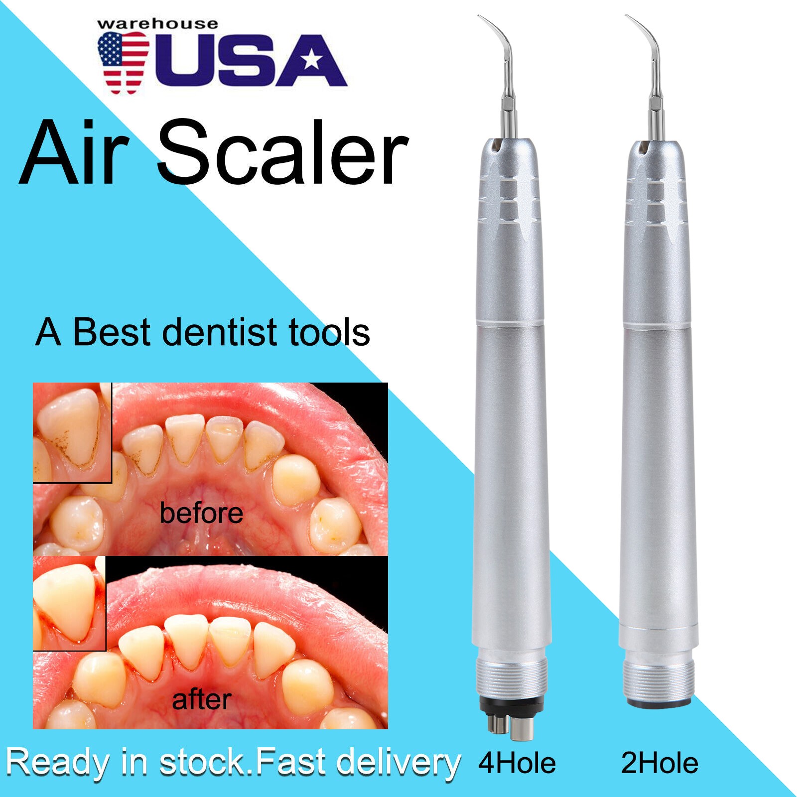 USA Dental Ultrasonic Air Perio Scaler Handpiece Hygienist 2 & 4-Holes 3 Tips CE