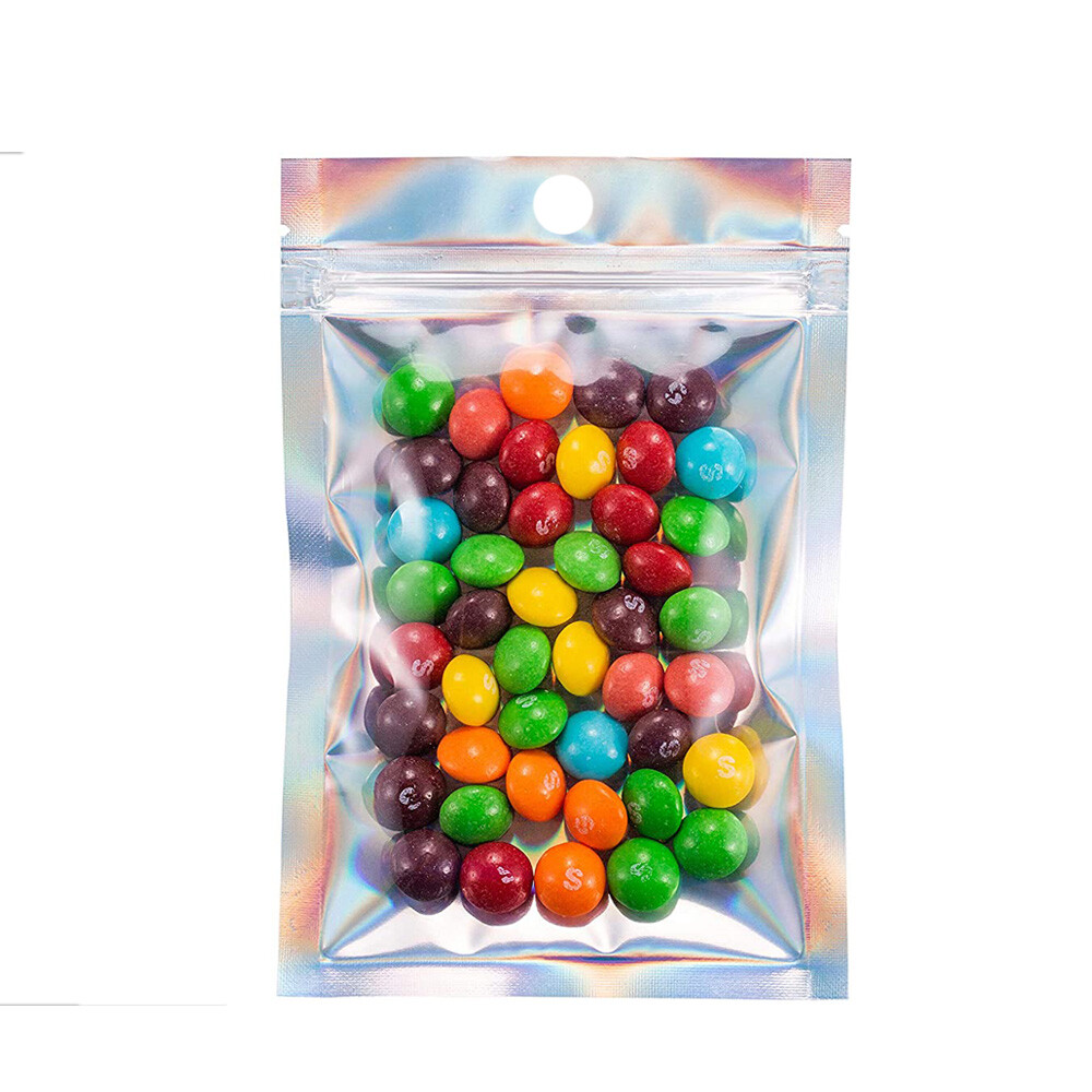 Multi Size Clear Front Holographic Silver Back Glossy Foil Mylar Zip Lock Bag