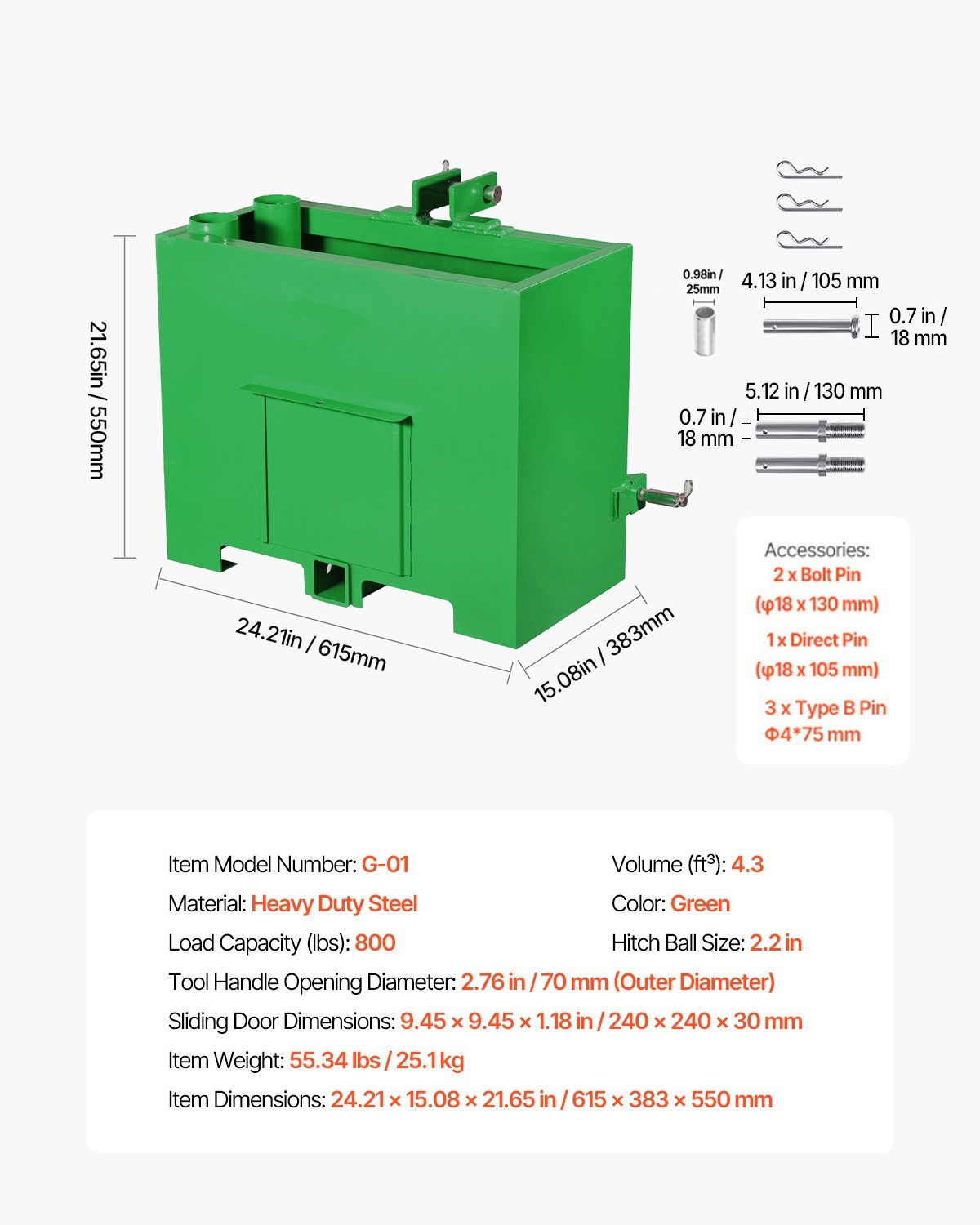 Ballast Box 3 Point Category 1 Tractor Quick Tach Hitch Counterweight Green