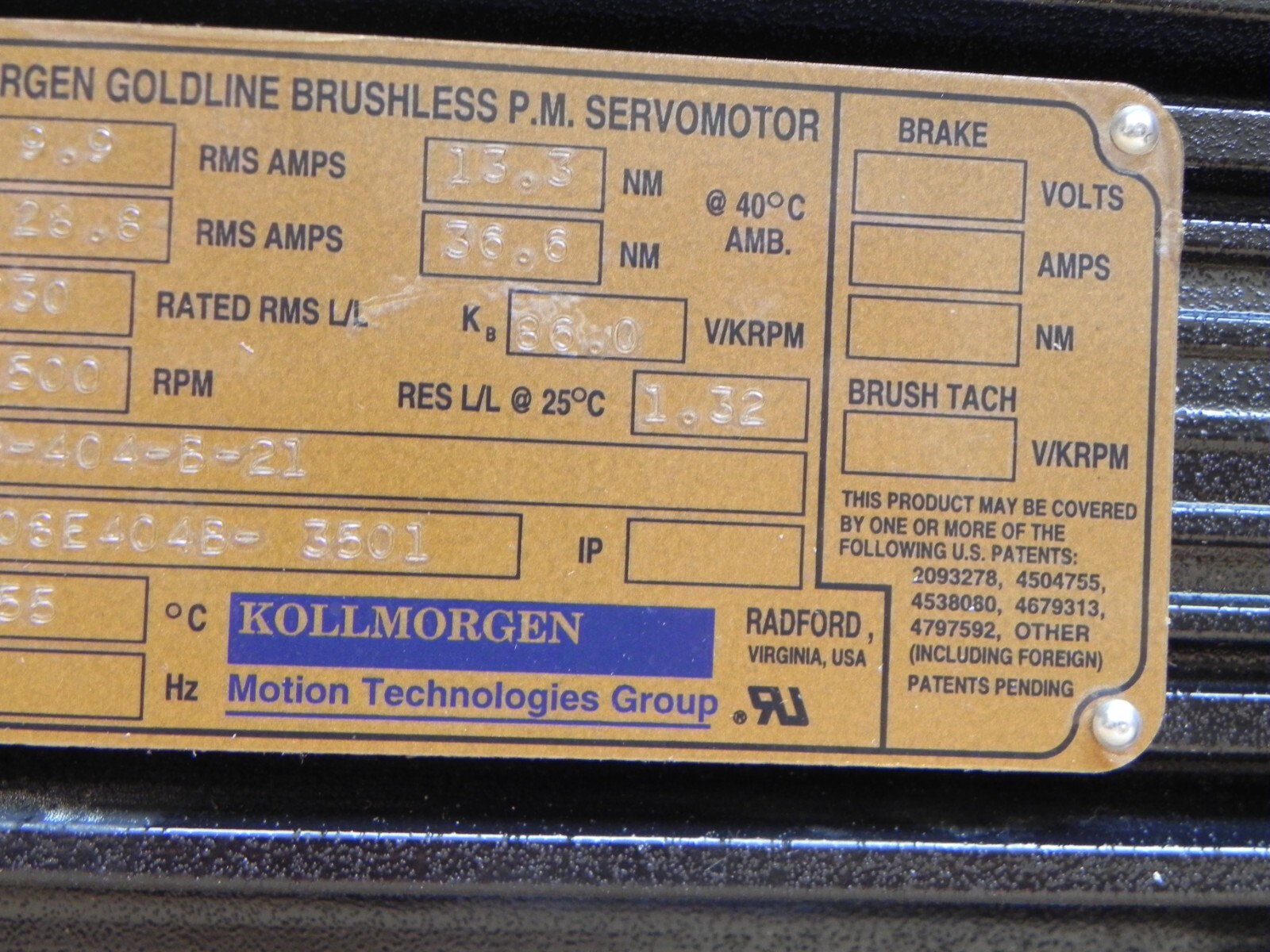 Kollmorgen Goldline Brushless P.M. Servomotor Radford B-404-B-21 with Cable NEW