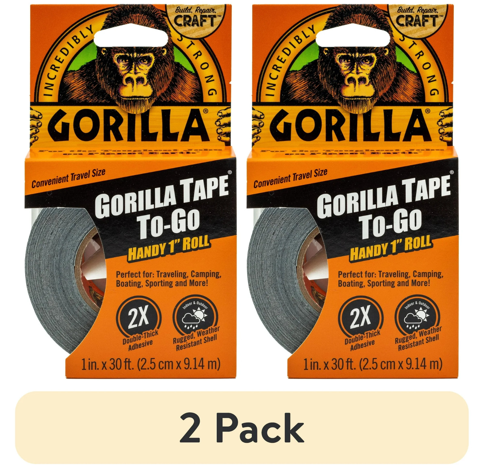 (2 pack) Gorilla Black Duct Tape to-Go, 1 in x 30 ft Single Roll