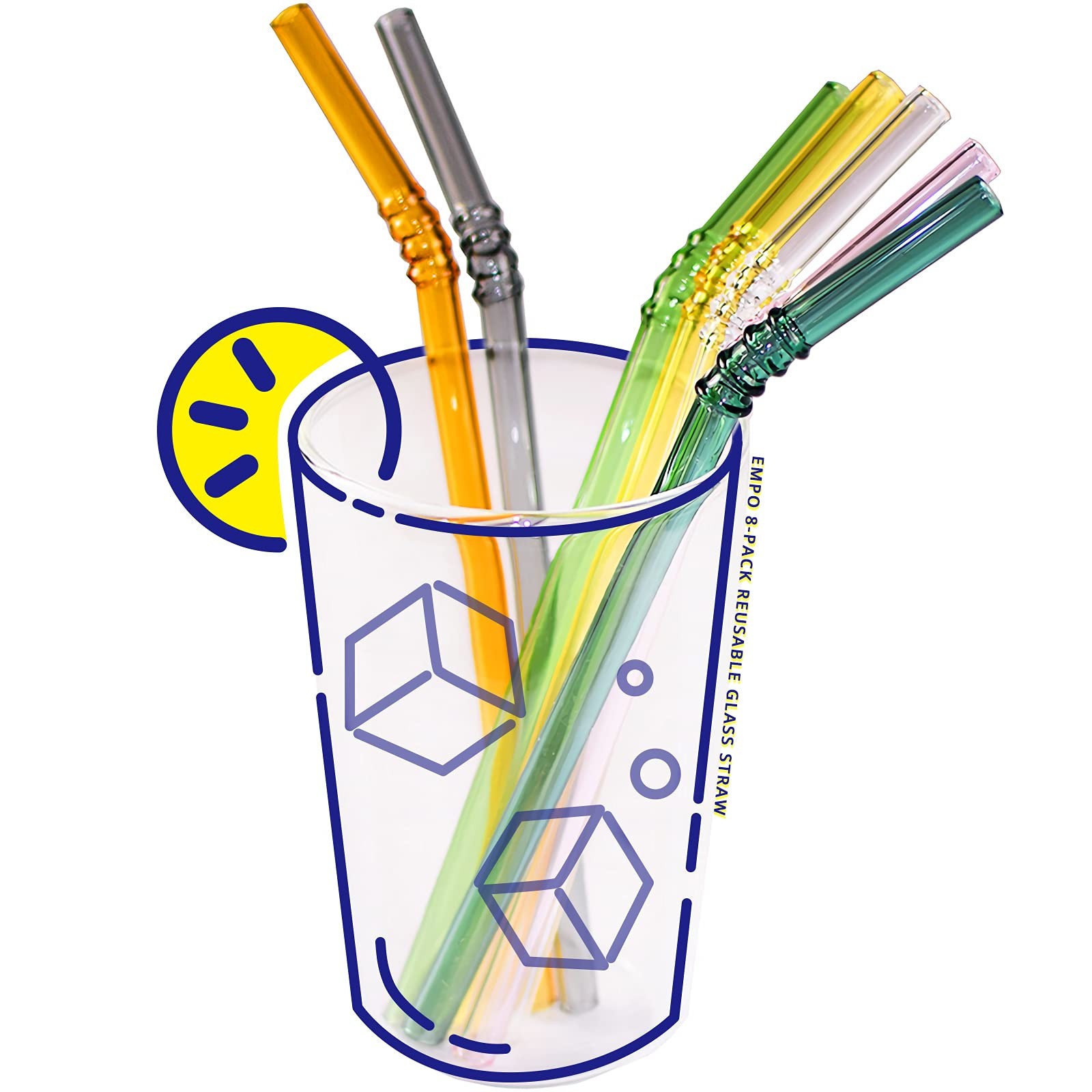 8 Pack EMPO Glass Straws Colored – 8″ x 8mm Perfect One Size, Multicolor