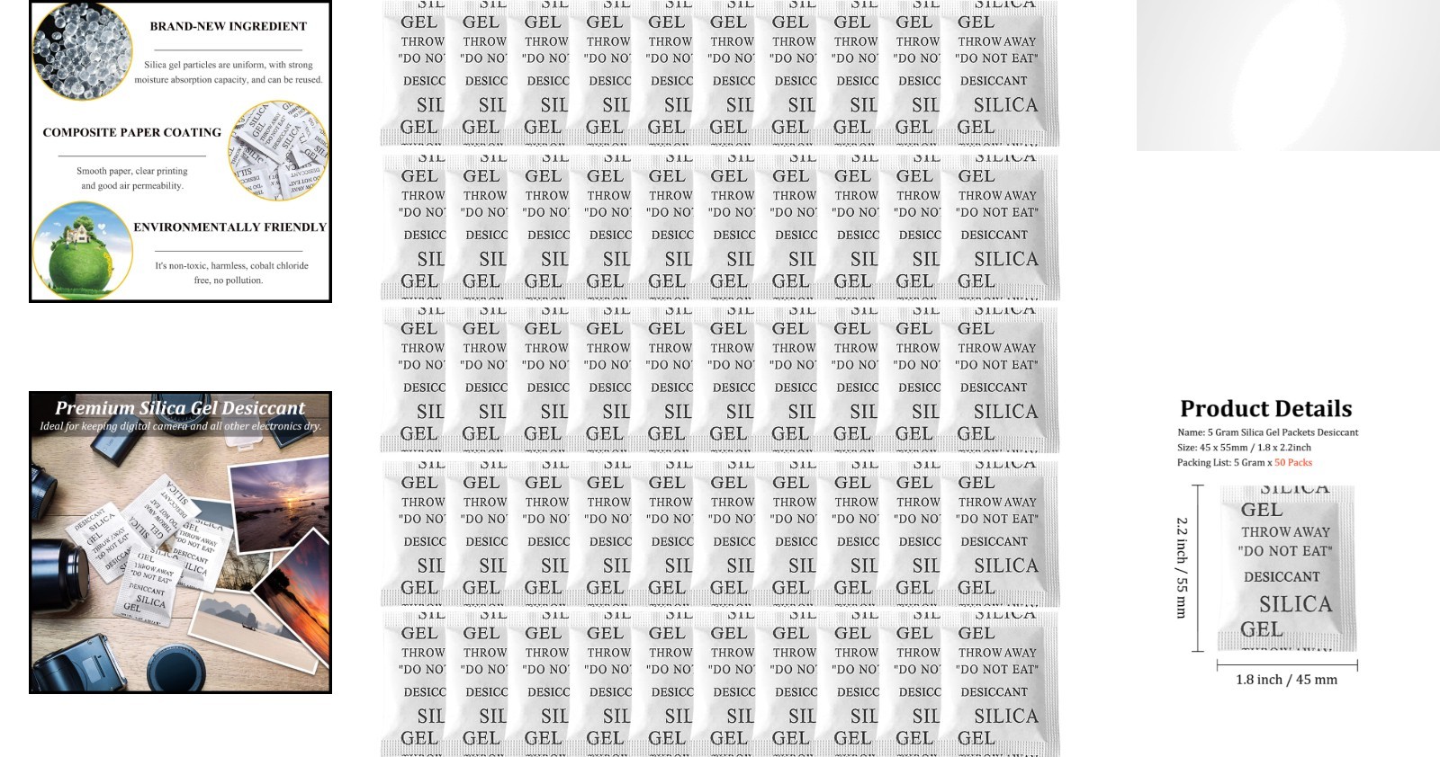 Silica Gel Packets – 50 Packs of 5 Grams, Food Safe Moisture Absorbers, Reusable