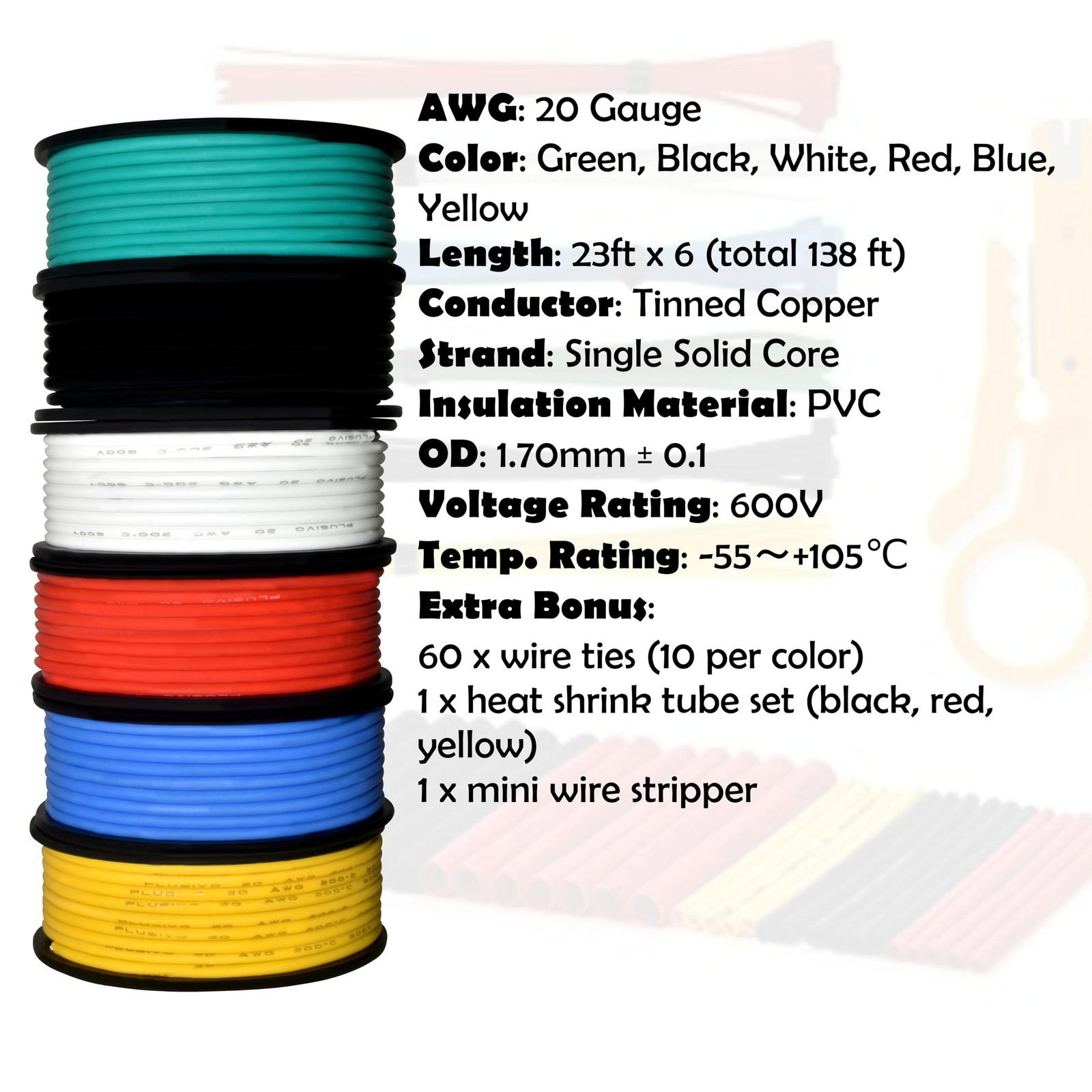 20 AWG Solid Core Wire Kit – 20 Gauge PVC Coated Copper Wires PreTinned 23ft …