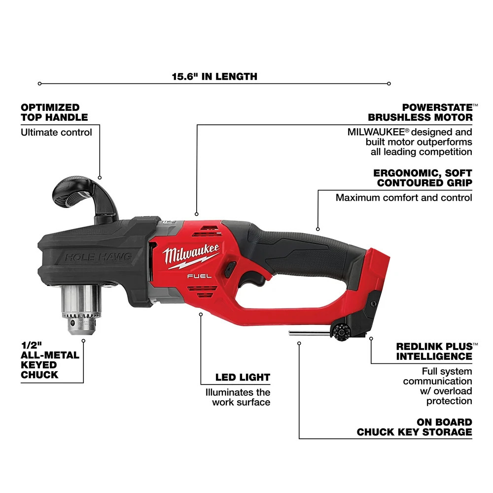 Milwaukee 2807-20 M18 FUEL 18V 12″ HOLE HAWG Right Angle Drill -Bare Tool
